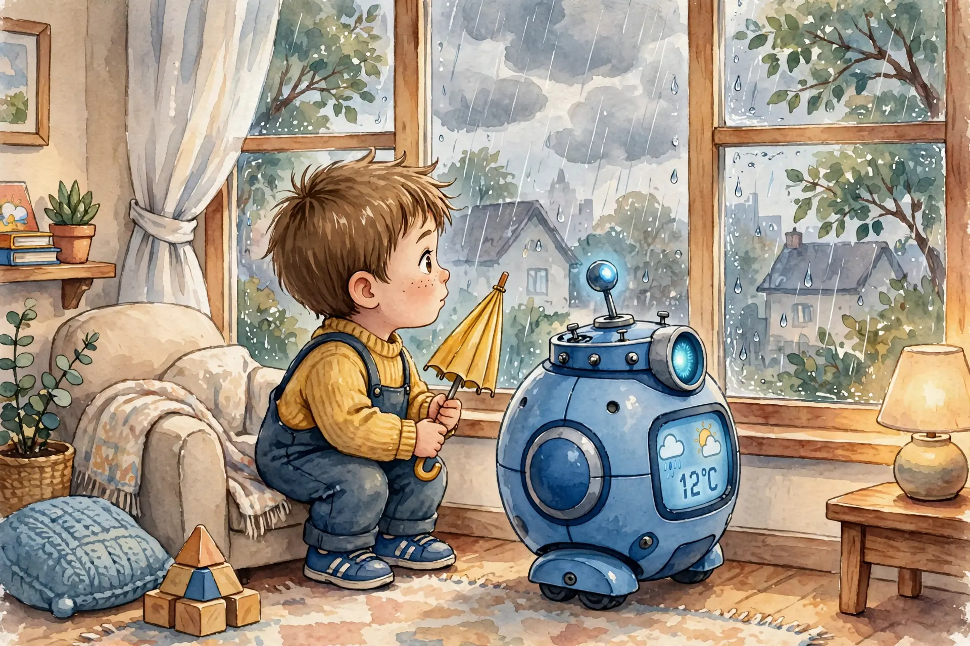 Leo and Pip at window looking at grey rainy clouds, cool air, houses outside dark, Camera eye open