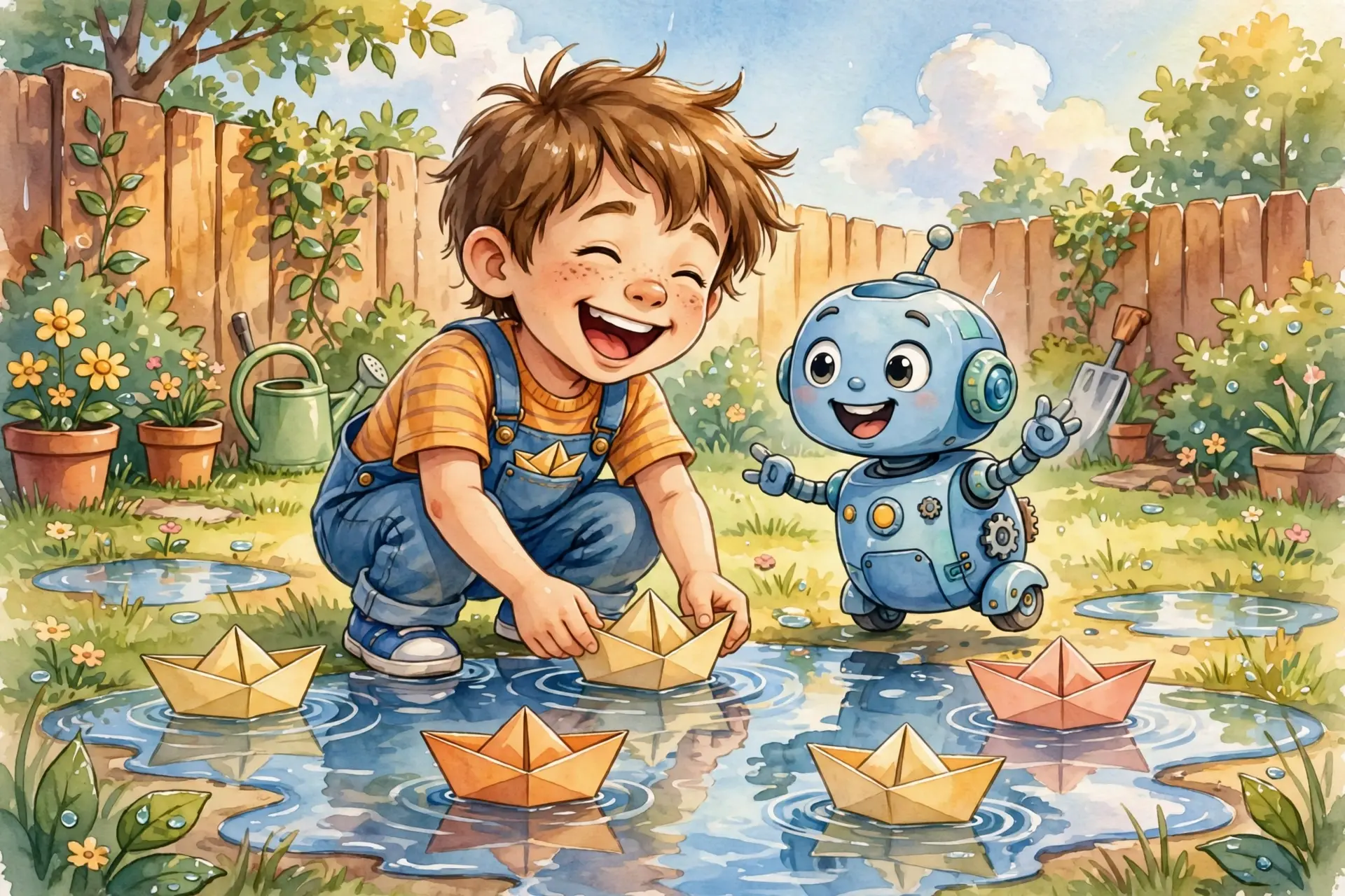 Leo and Pip inside making paper boats on rainy day, puddle outside, colorful boats floating in imaginary water