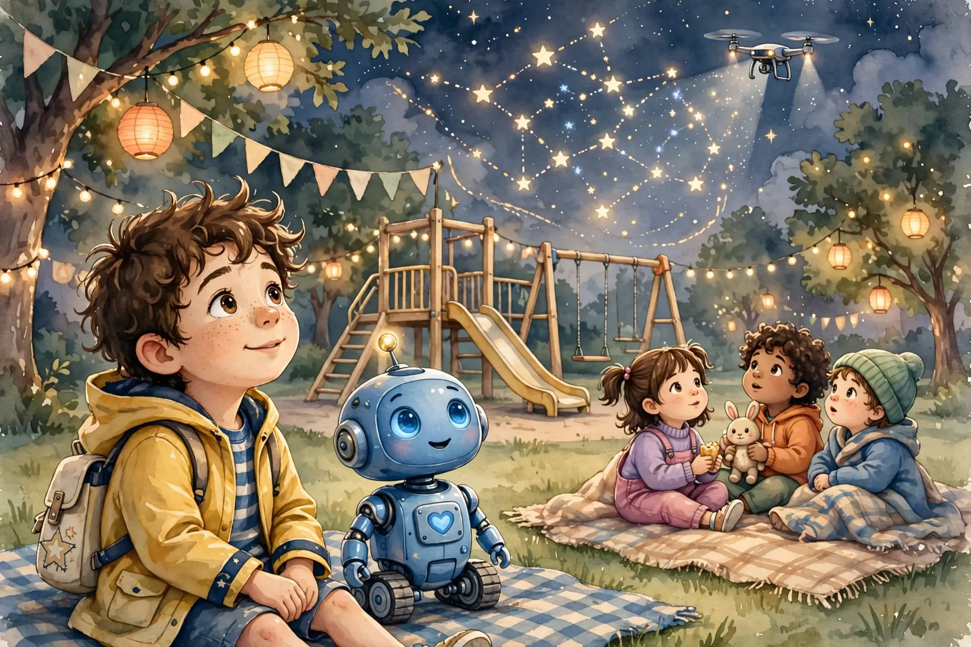 Evening park festival, Leo and Pip sitting on a blanket looking up at stars, Hologram light in the sky showing a star, a heart, a small duck