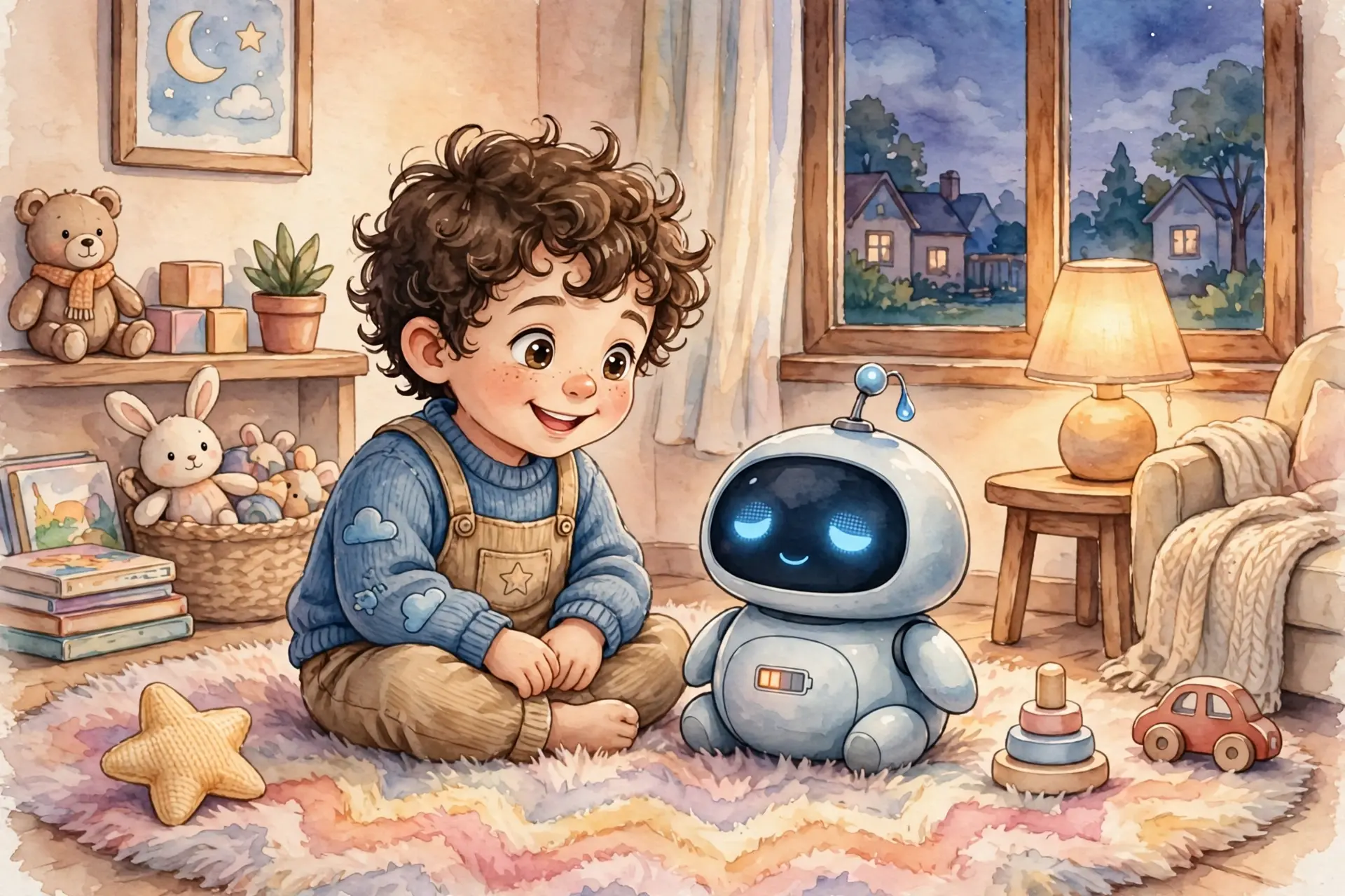 Cozy bedroom evening, Leo on fluffy rainbow rug with Pip, Battery orange low, sleepy blue eyes, sweat drop, toys star car stacking rings, teddy bear with scarf, bunny basket, lamp, window night houses, moon star picture