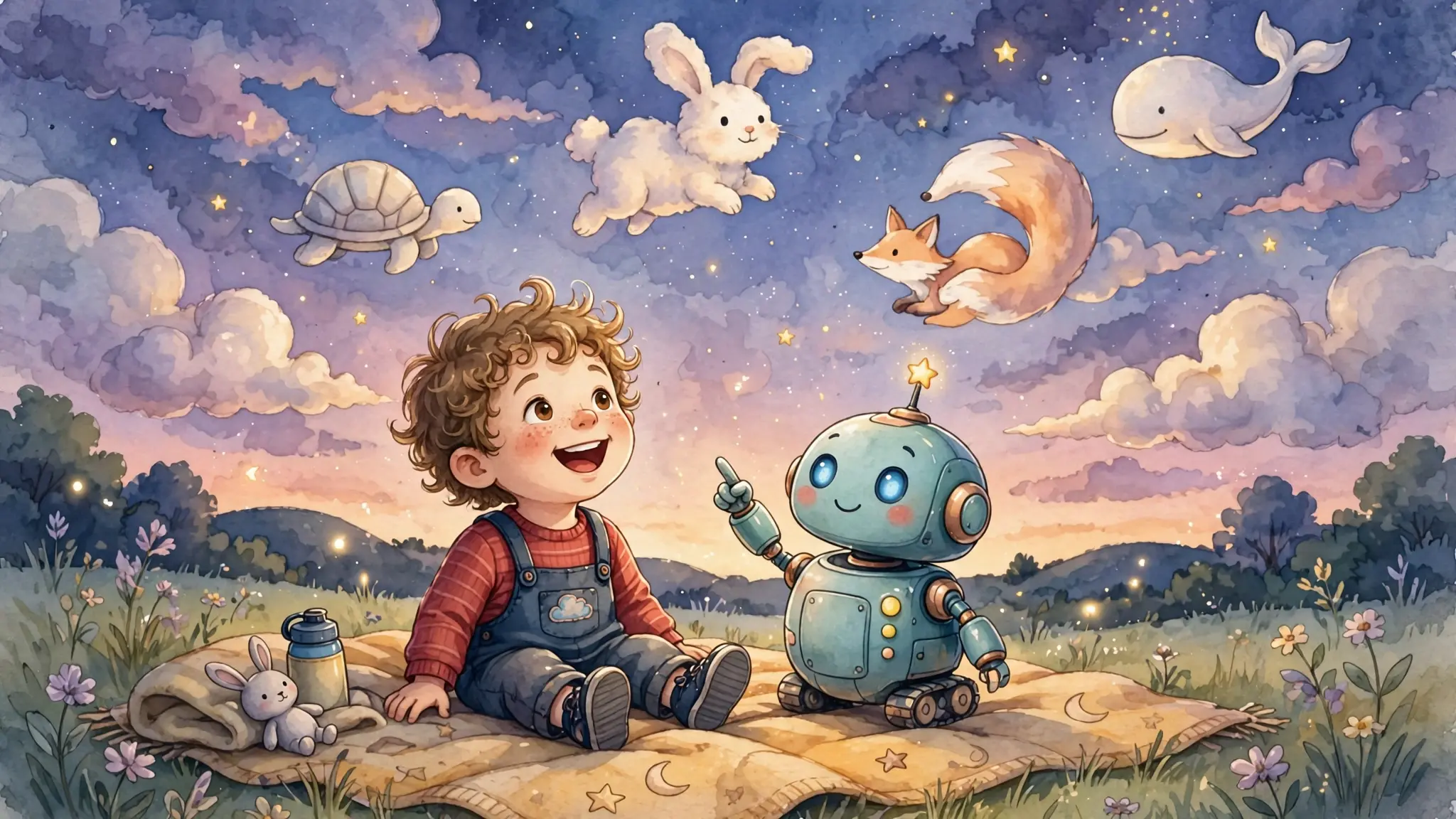 Pip at twilight looking at Cloud in sky, dreaming of saving pictures — open, magical evening, stars coming