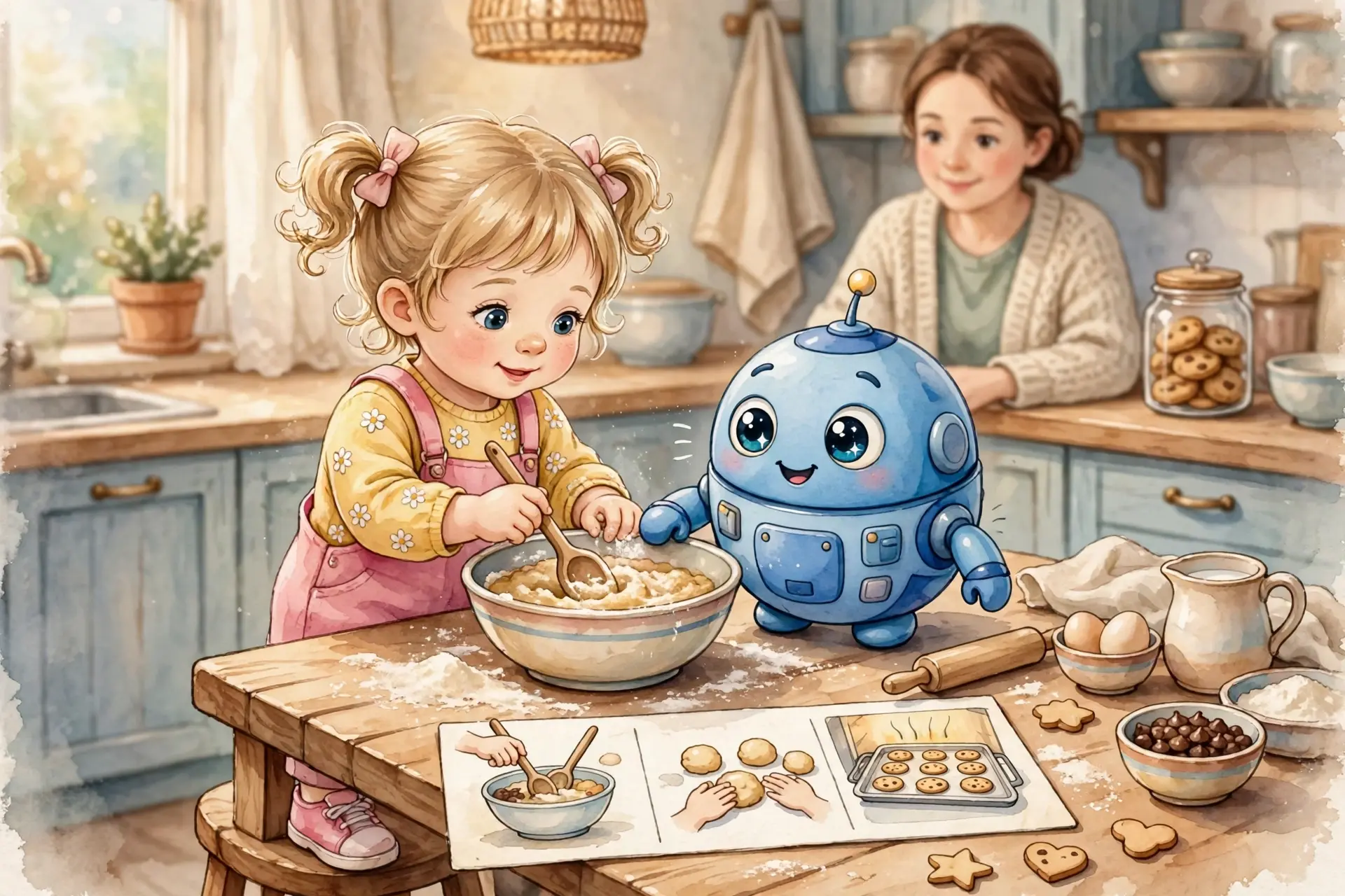 Girl Mina and small robot in kitchen making cookies, flour, chocolate chips, oven warm, Pattern chip space chip