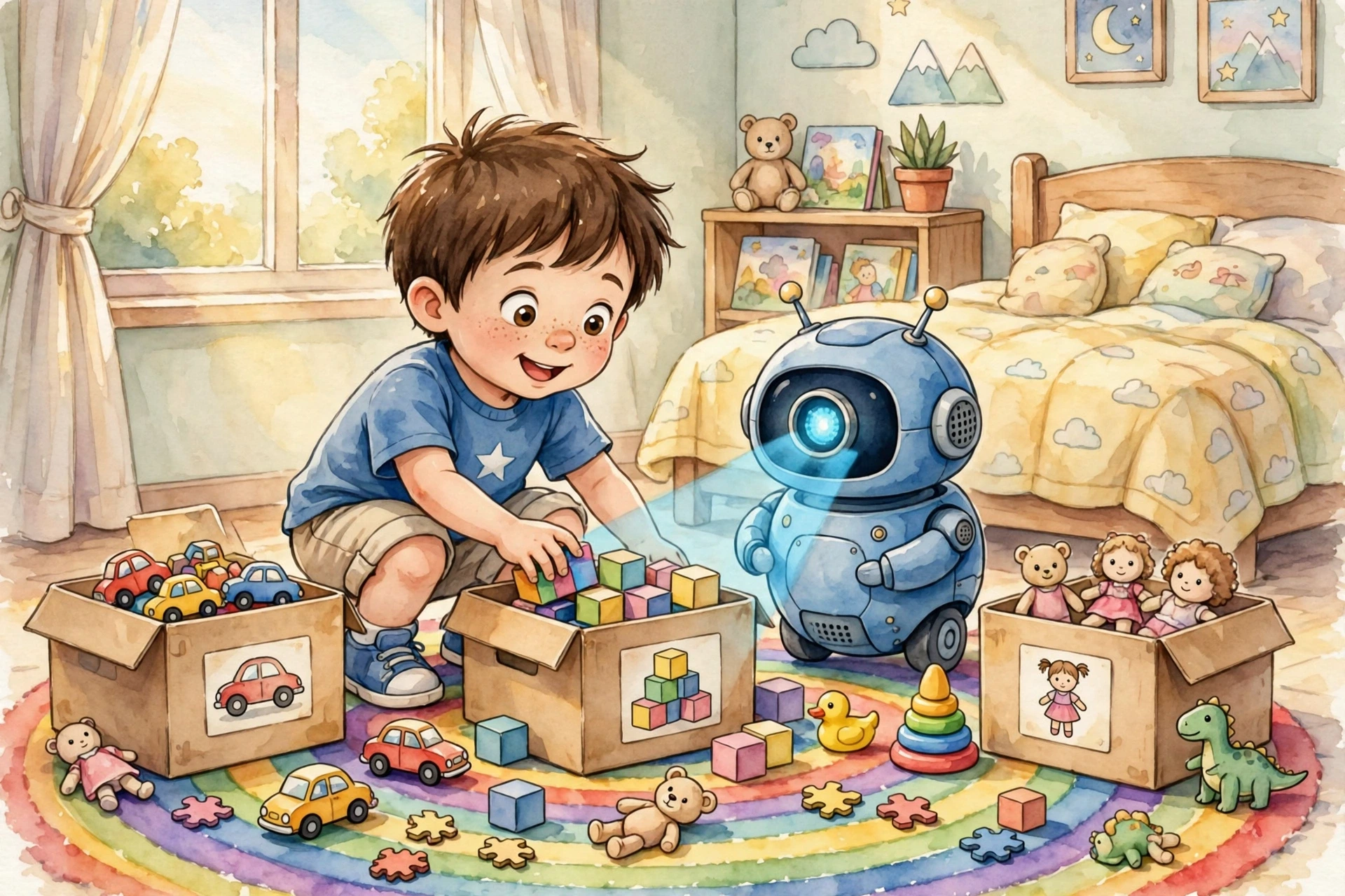 Leo and Pip in messy bedroom sorting toys into groups with labels Car Block Doll, Camera scanning