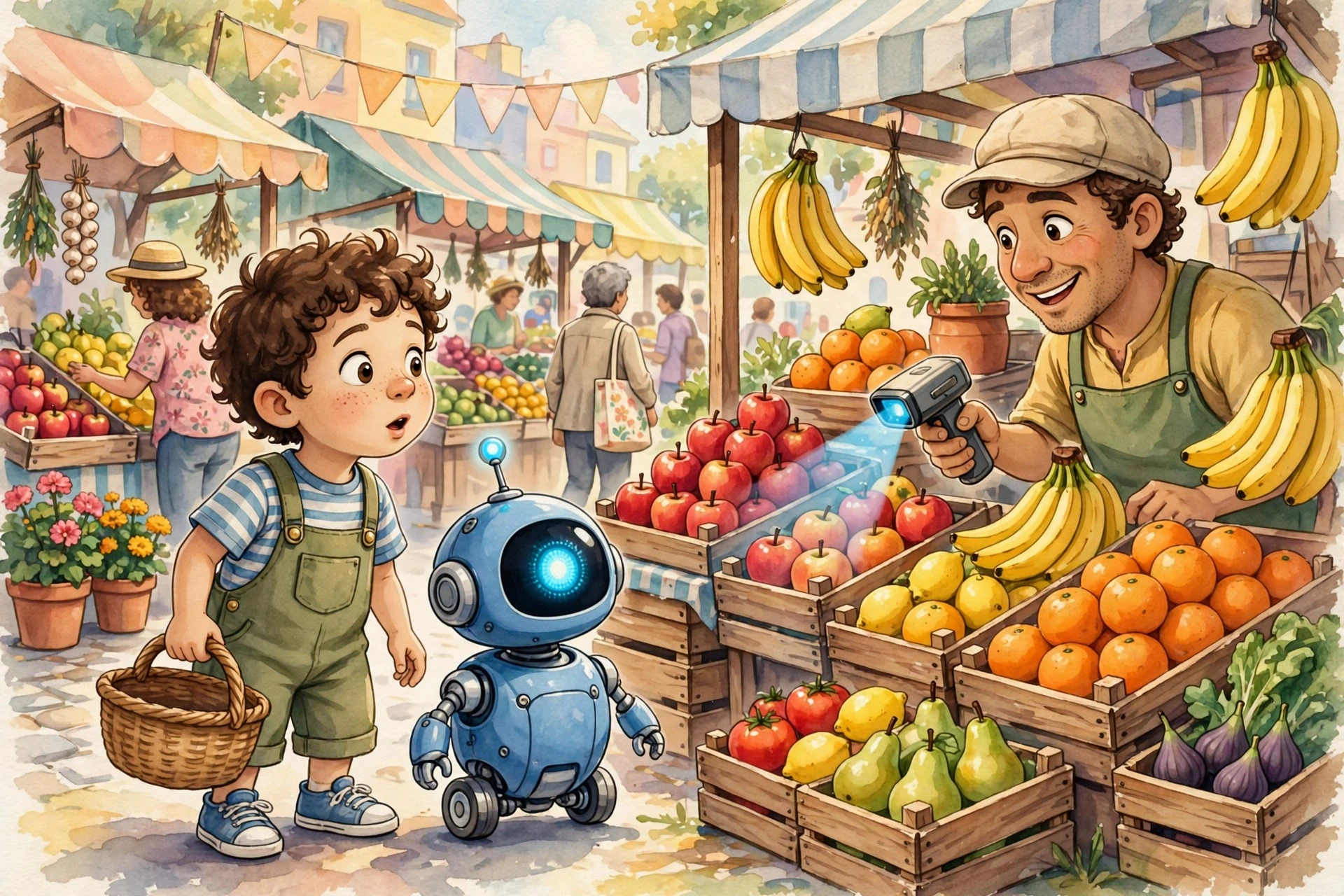 Sunny fruit market stall with striped awning, apples bananas pears, vendor, Scanner beeping Barcode, bus stop sign nearby