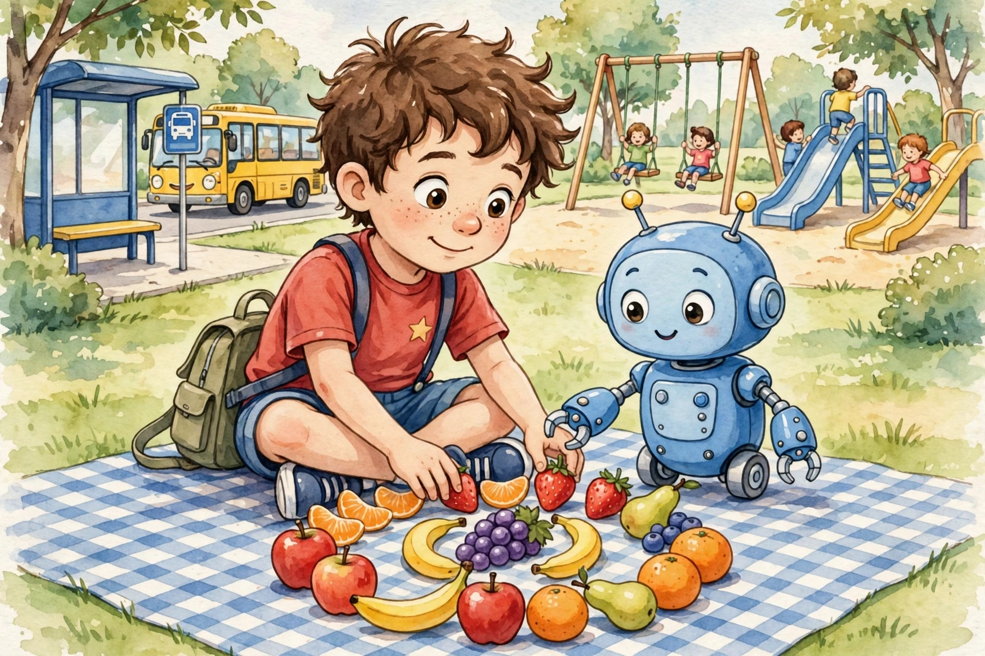 Leo and Pip having picnic with Pattern sandwiches at park near bus stop, blanket with check Pattern, triangle square sandwiches