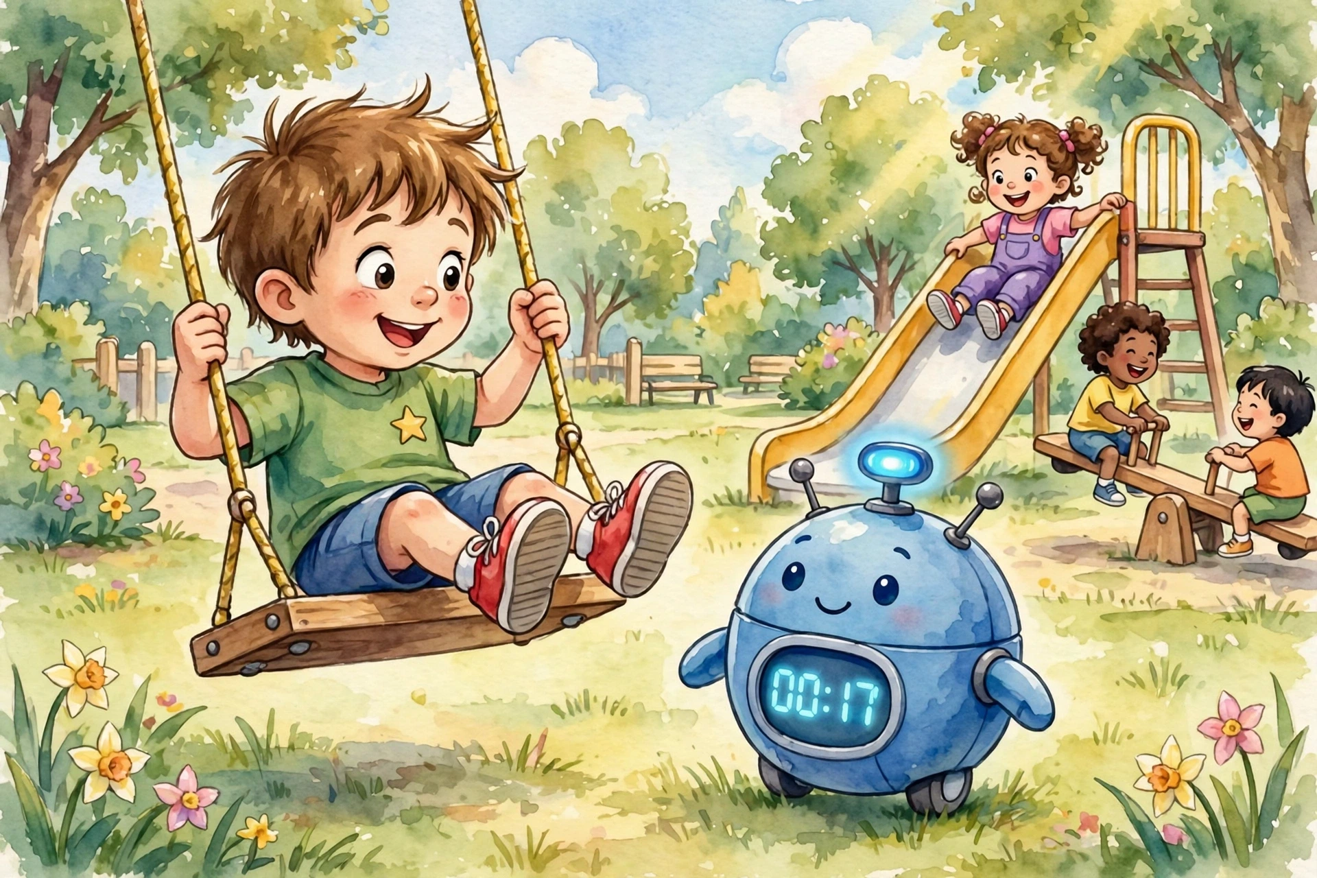 Playground with swings, Leo on swing, Pip pushing, slide behind, Motion Sensor feeling movement forward back, Timer counting