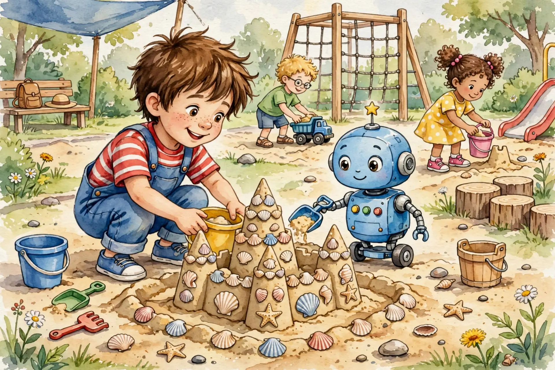 Sandpit at playground, Leo and Pip building Pattern sandcastle towers tall short tall short, buckets shovels