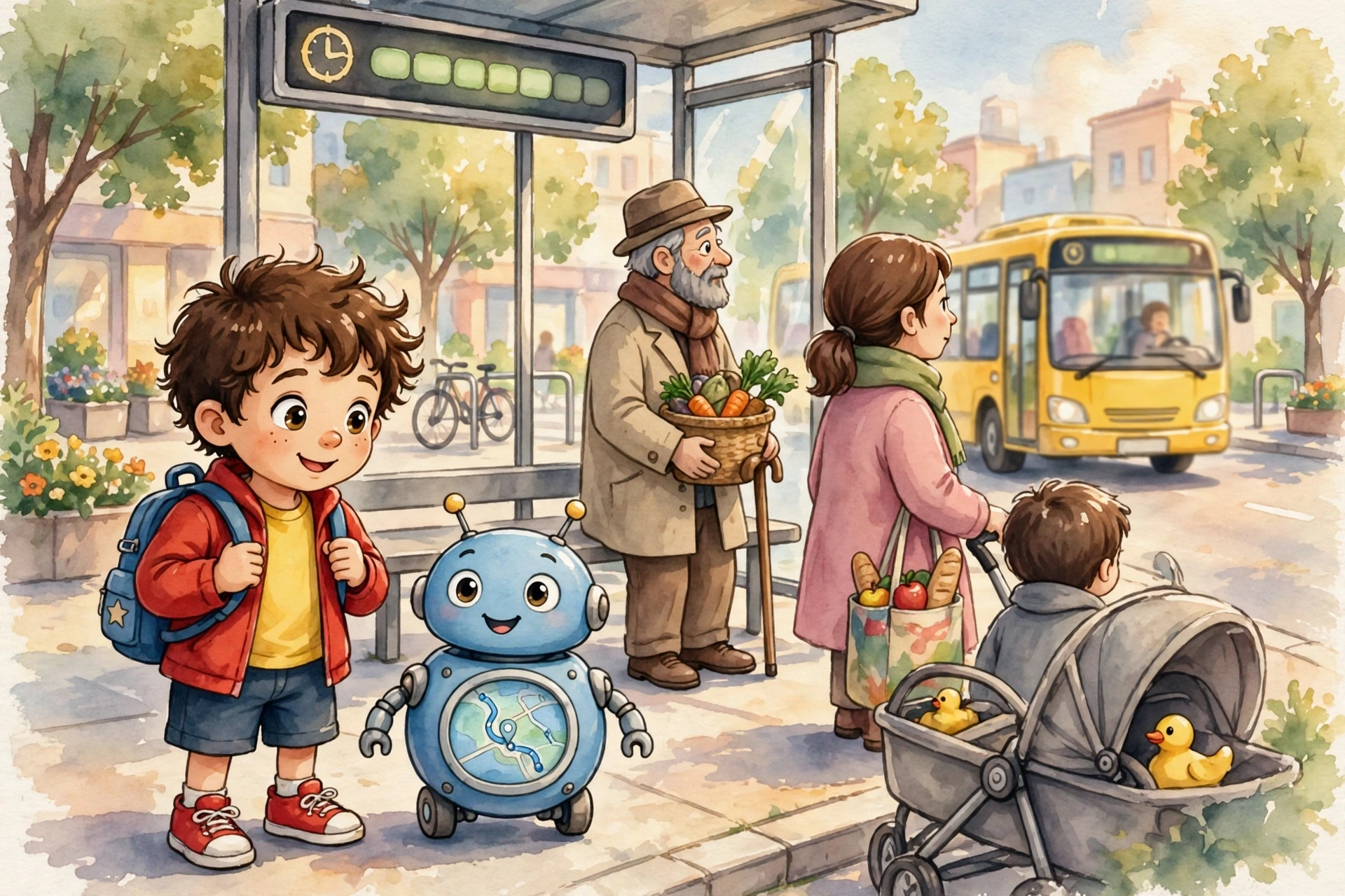 Story 7 thumbnail — the bus stop with the yellow bus arriving