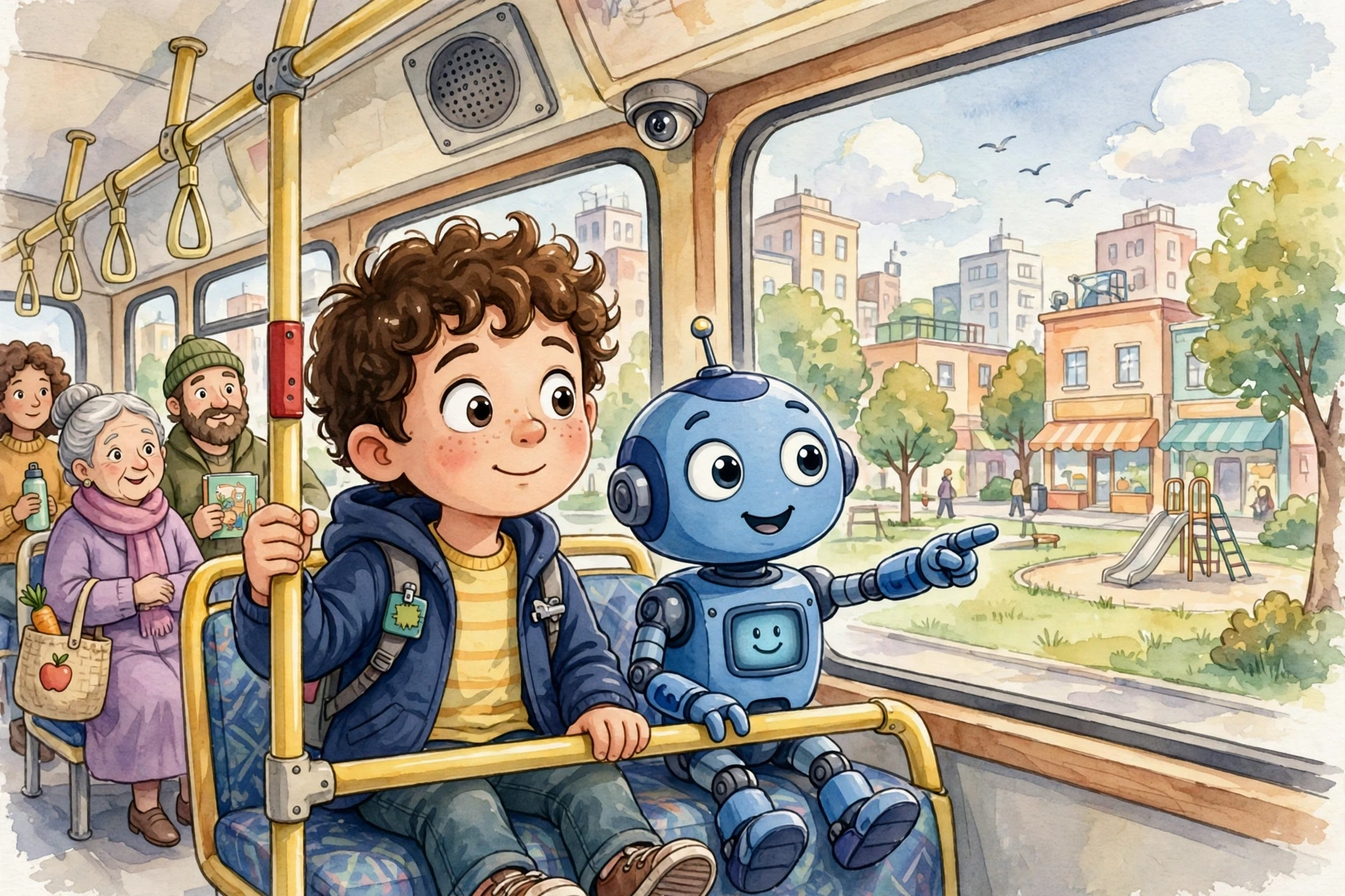 Inside yellow bus looking out window, city passing — houses, trees, shops, Leo and Pip watching, LED Display Next stop