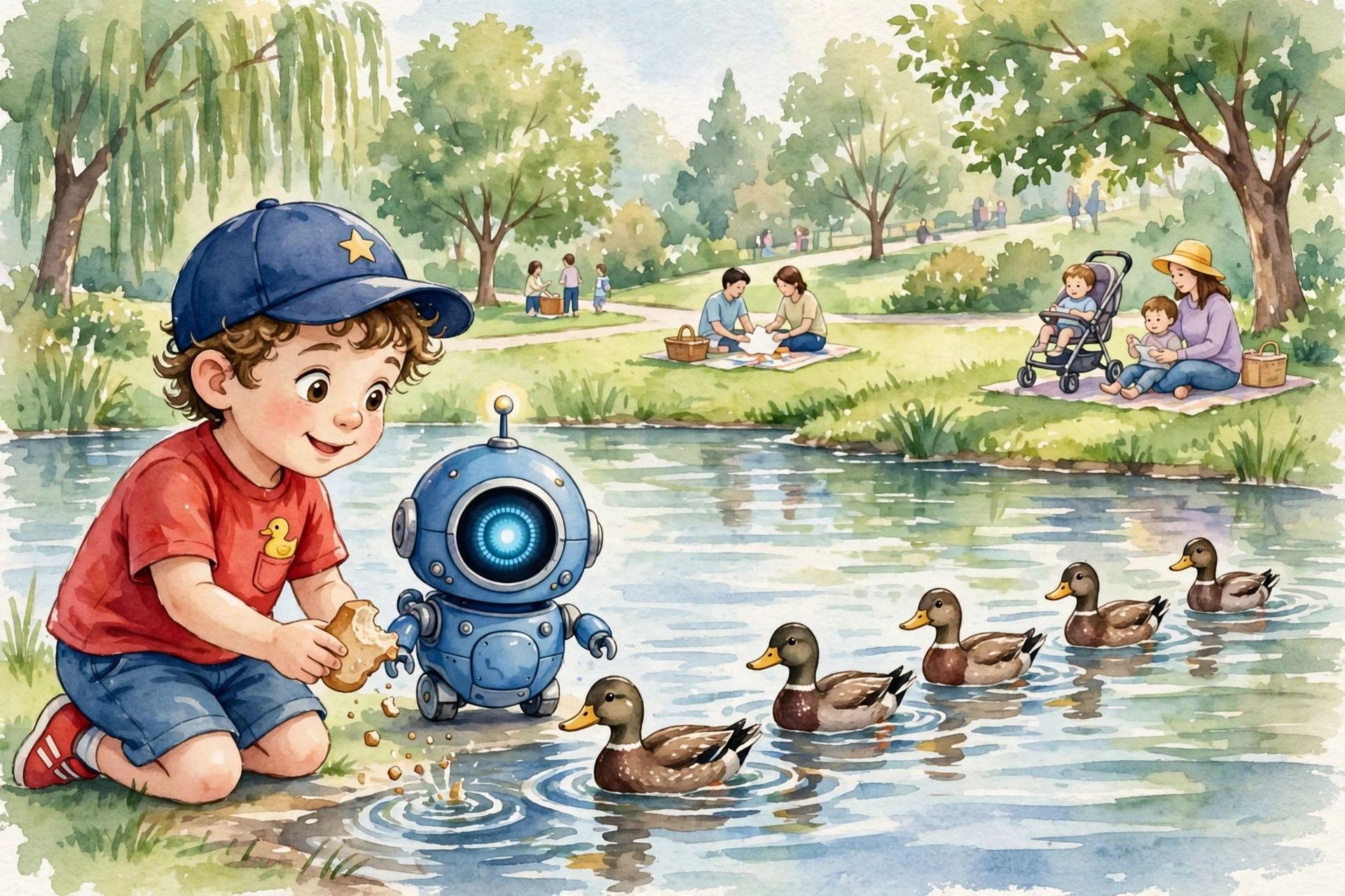 Story 8 thumbnail — five ducks swimming on the lake