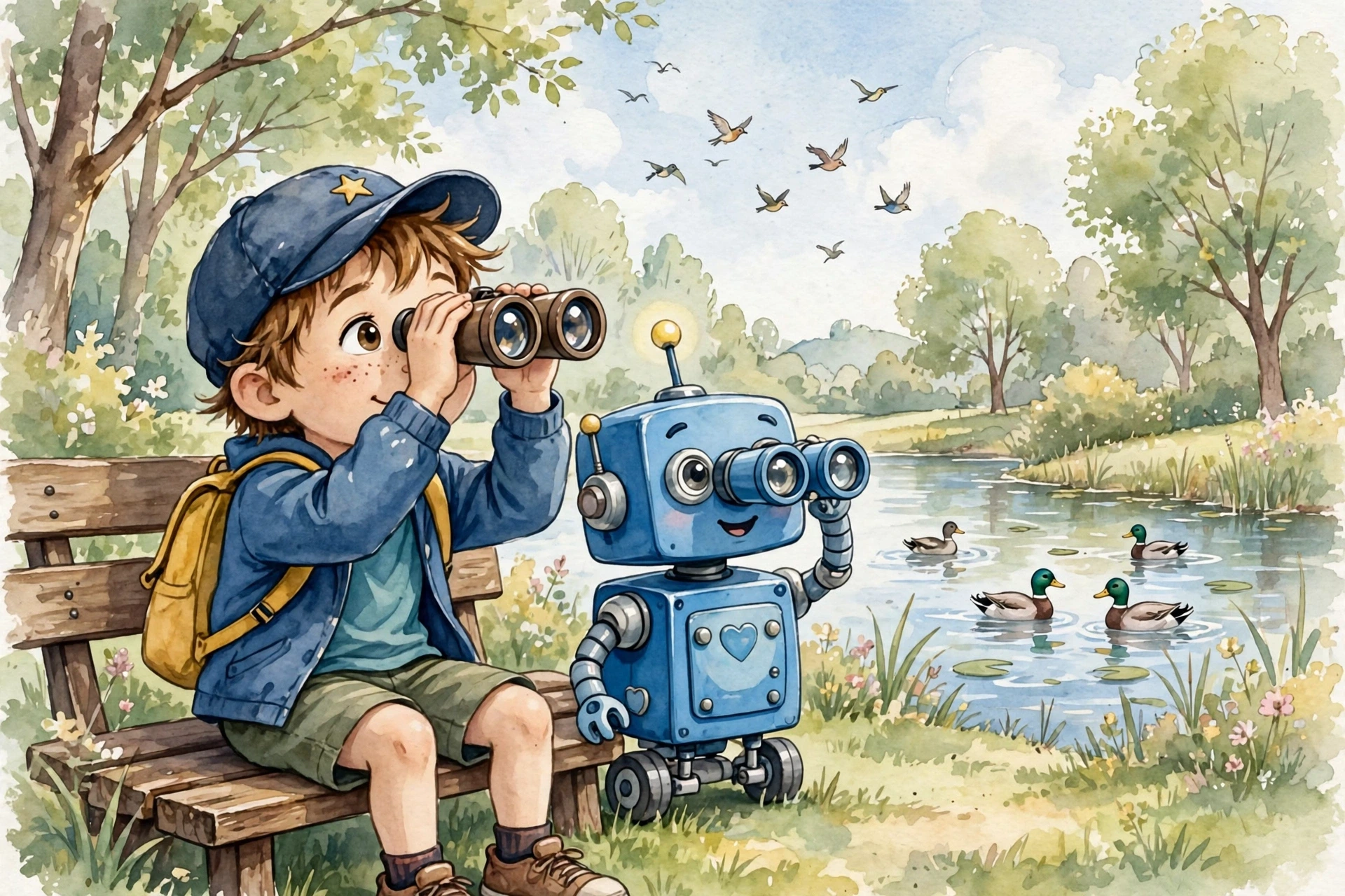 Leo with binoculars looking at the sky above the lake, birds flying — eagle, sparrows, ducks — Pip beside him, both looking up