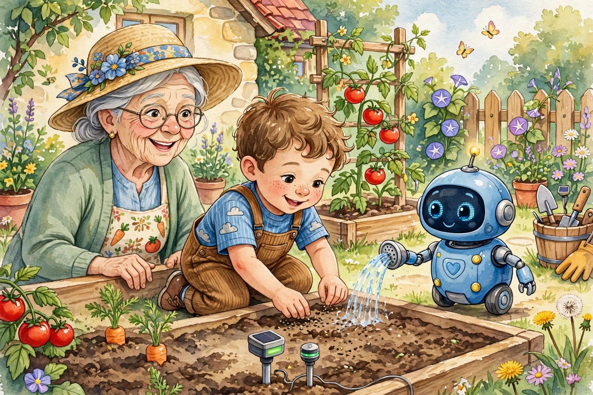 Inside Grandma's cozy bakery, tray of warm cookies on the counter, Timer on the wall, Leo and Pip at the window watching the garden outside