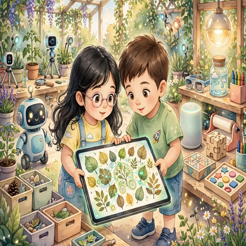 Lina and Omar together in sunny garden lab holding tablet showing leaf dataset, camera sensor glowing, boy and girl side by side