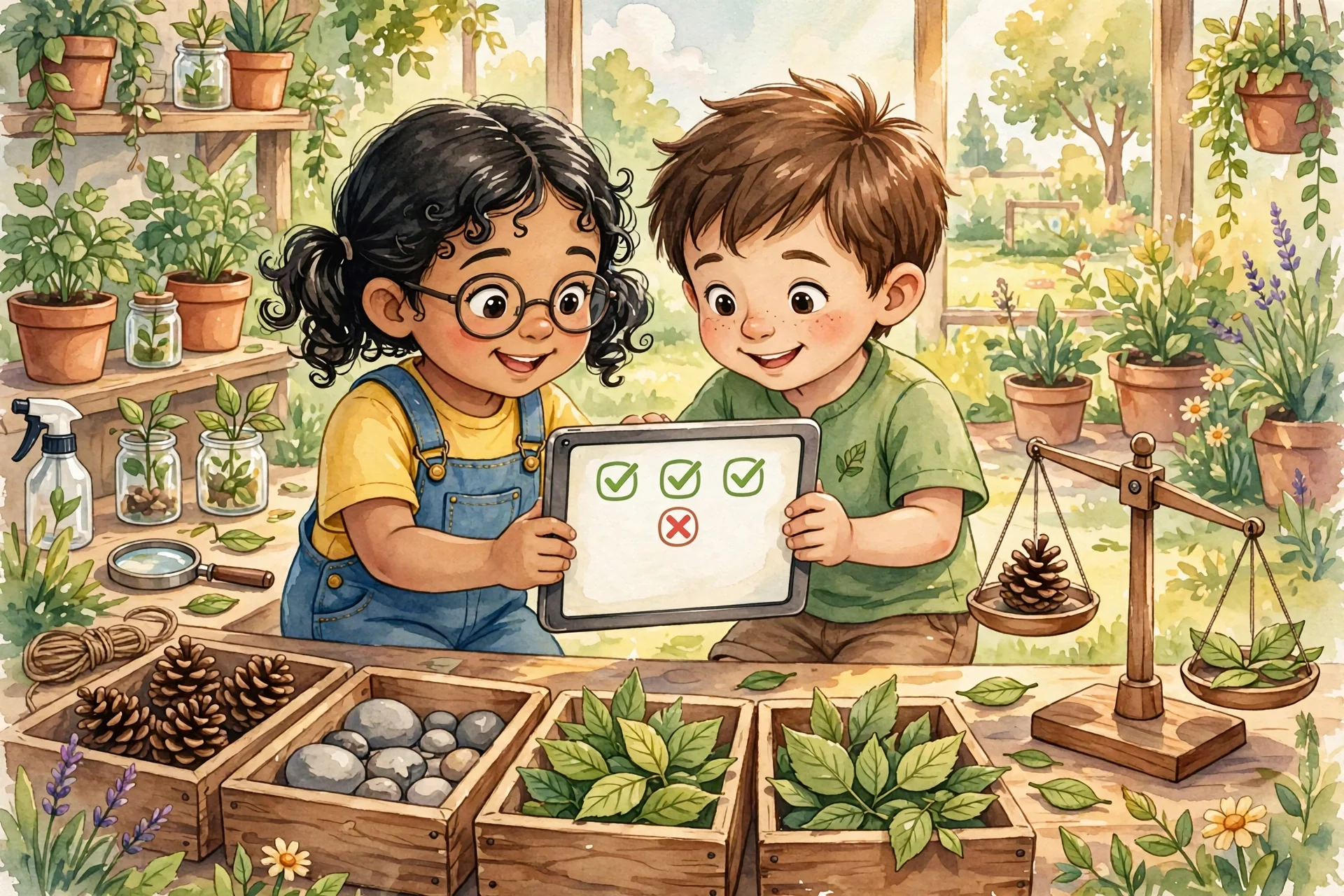 Lina and Omar testing Pip with new leaves, tablet showing check marks and a fairness scale tipping to mango