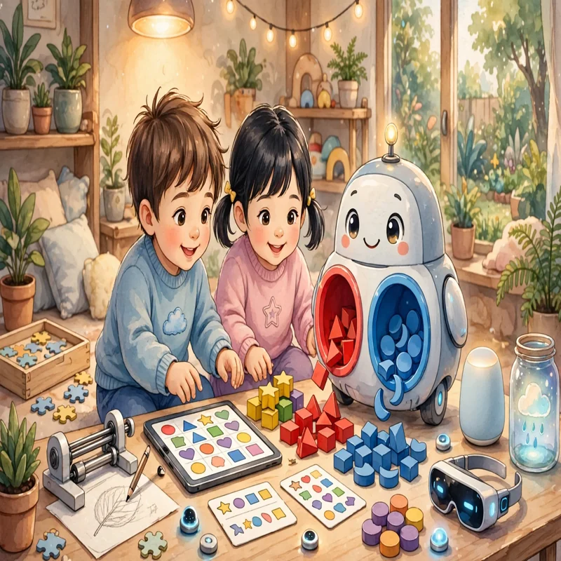 Lina and Omar beside a basil plant, tablet Pip with a small watering spout, Condition sign, Rule poster, three Option cards