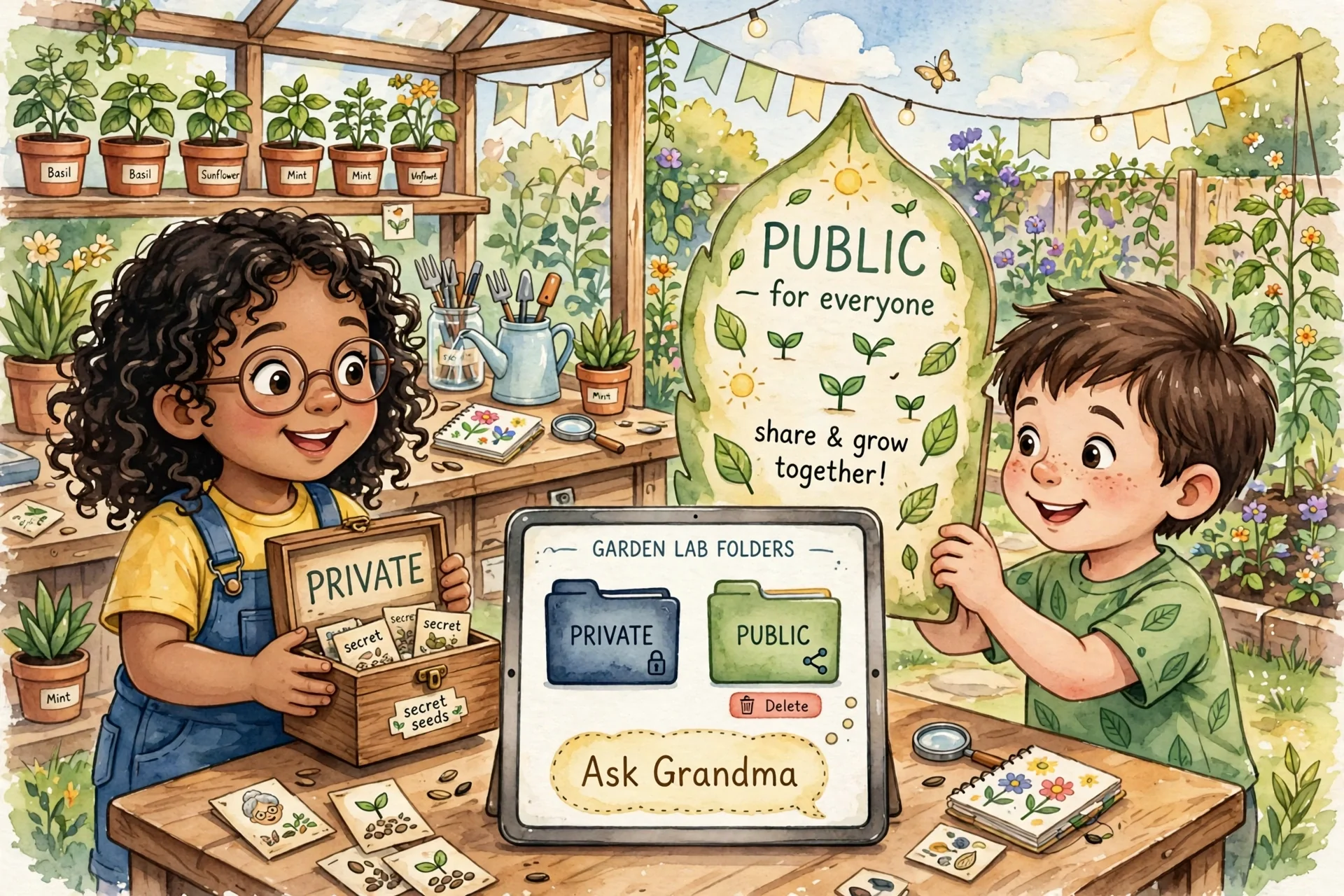 Lina holding a wooden Private box of seeds, Omar beside a Public board of leaf pictures, tablet showing Memory folders