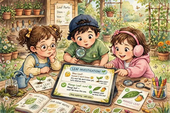 Lina holding a curly tamarind leaf, Omar holding a pointy mango leaf, tablet showing a tall Score and a tiny Score with an orange Flag