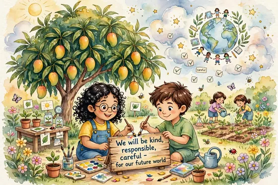 Lina and Omar under the mango tree painting a wooden promise sign, with a garden Map drawn on the ground in a Loop