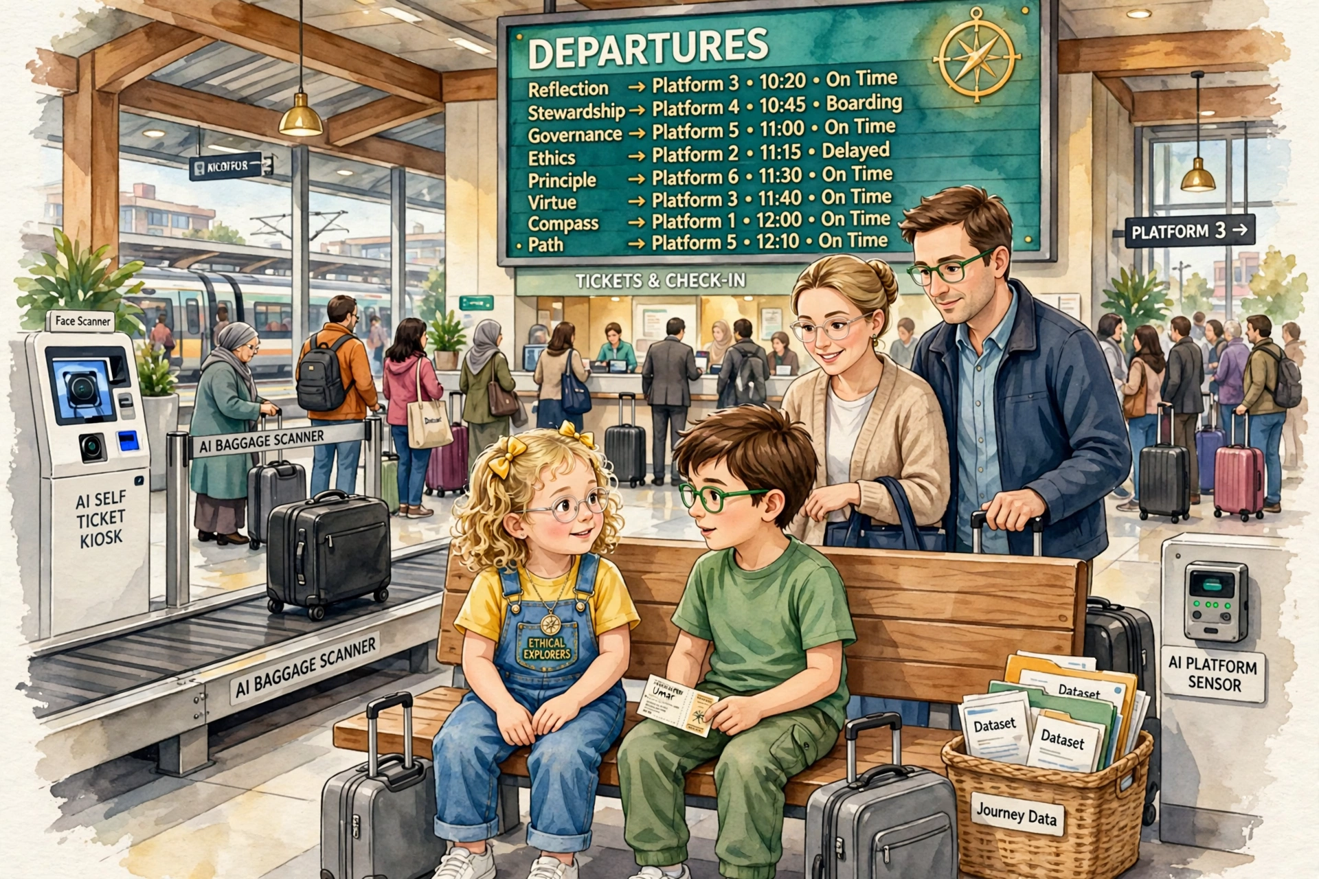 Railway station with the grandmother at the ticket kiosk, Lina, Omar, and Pip the help bot above
