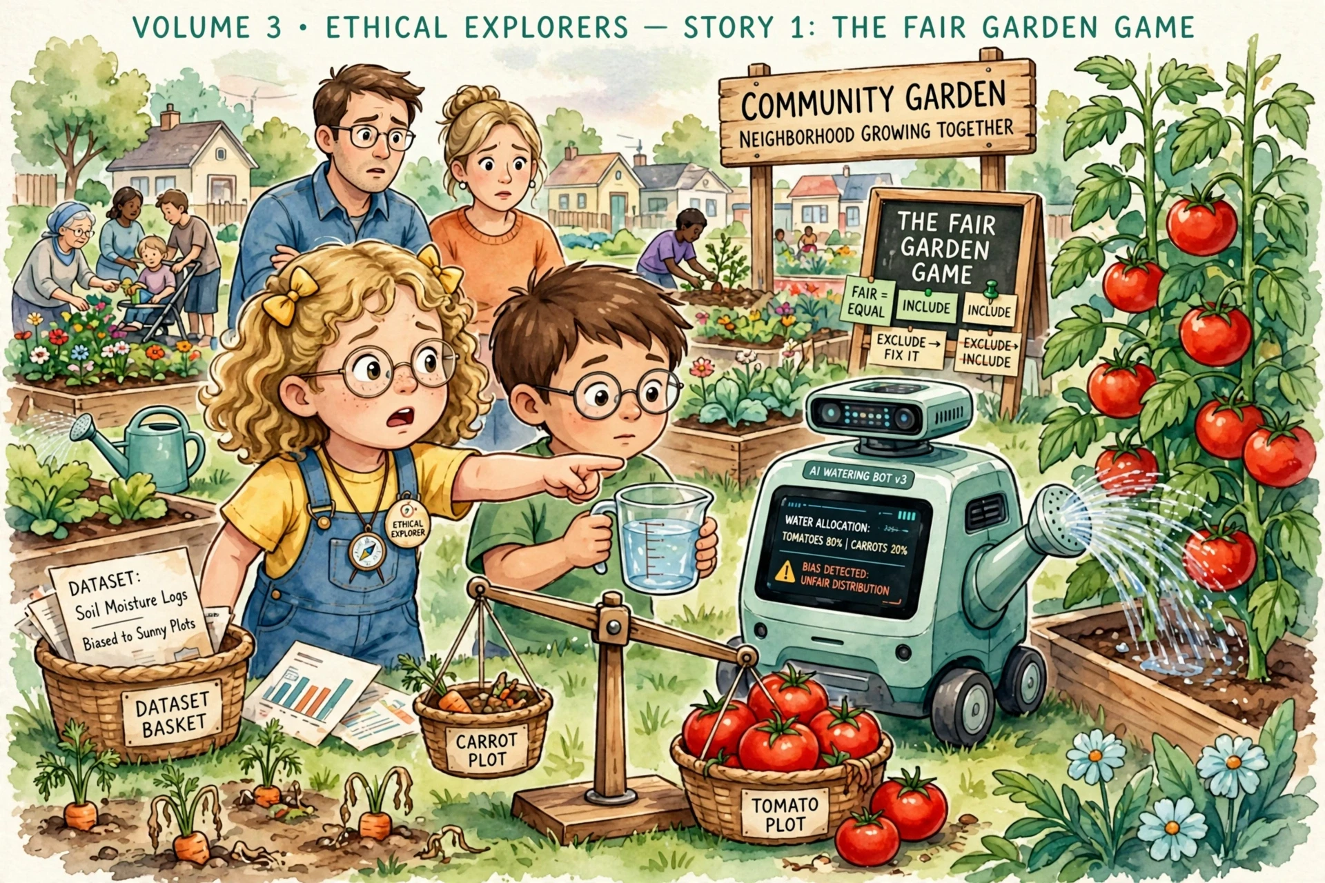 Lina and Omar in the community garden beside Pip the watering bot