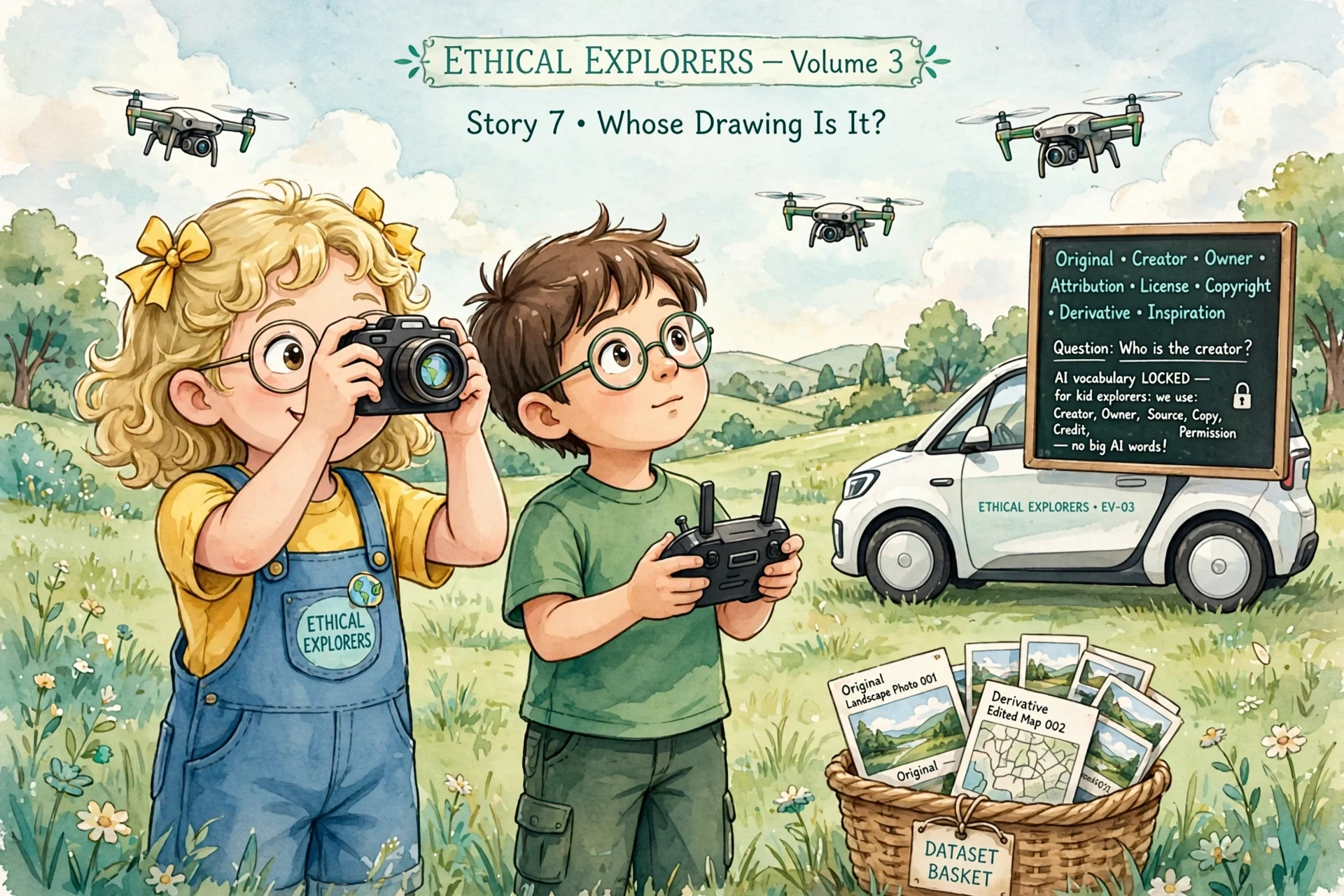 Lina with camera and Pip the drone bot above the green field beside the electric cart