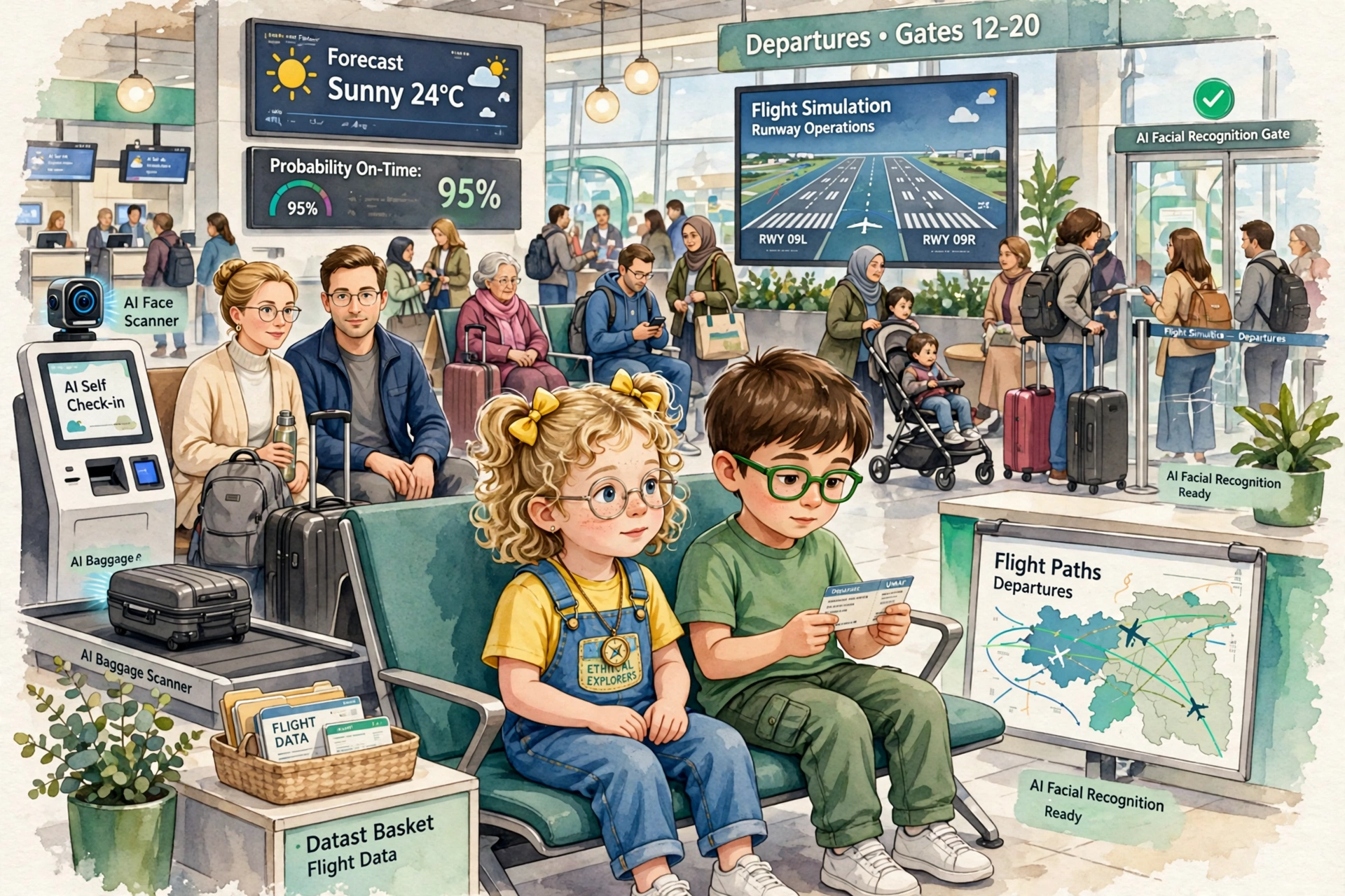 Airport lounge with Lina, Omar, their parents, departure board showing delay, and Pip the departure bot