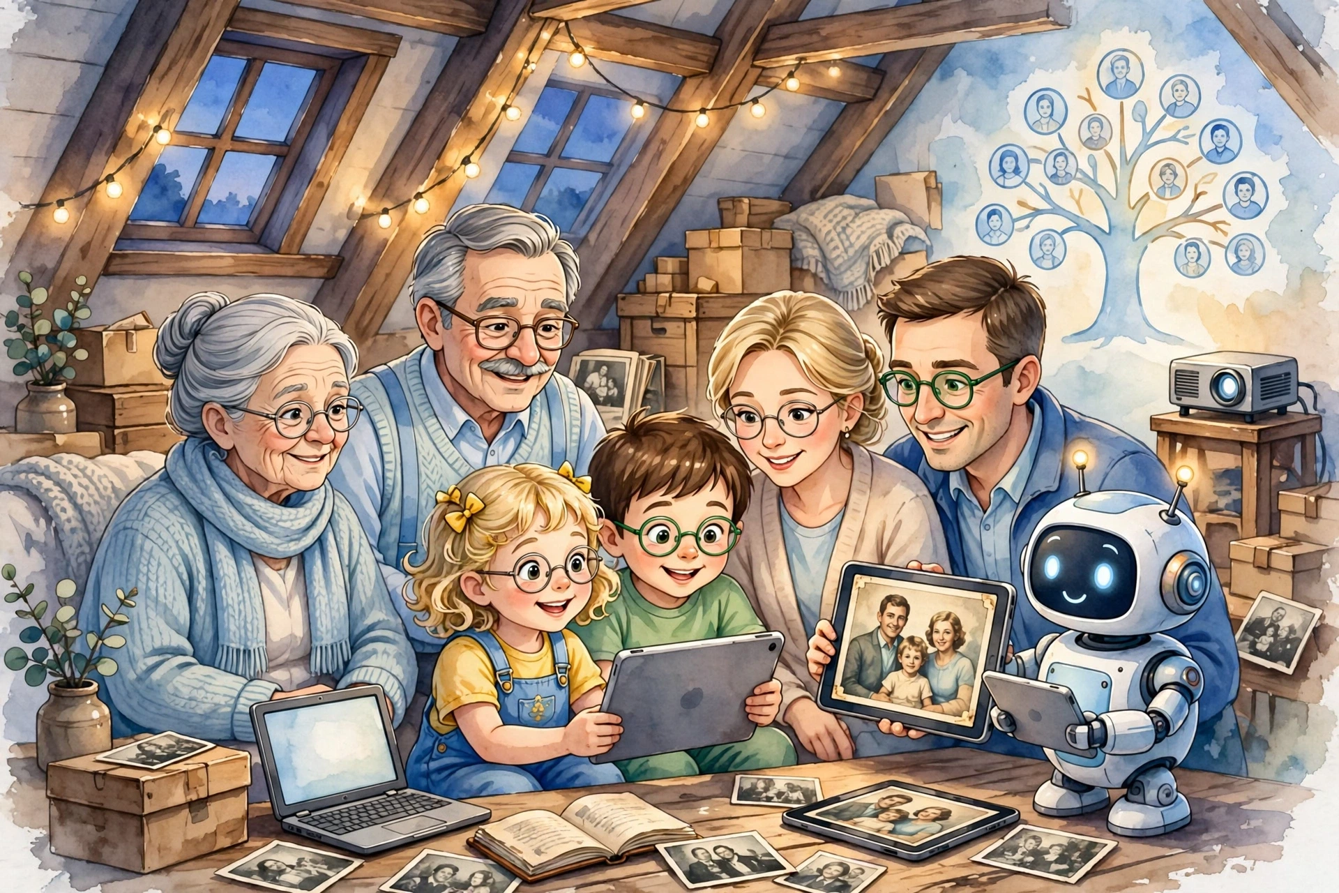 Grandma and Grandpa's attic — low beams, boxes stacked to the roof, Lina on the trunk with a photo album, and Pip with a screen of scanned thumbnails