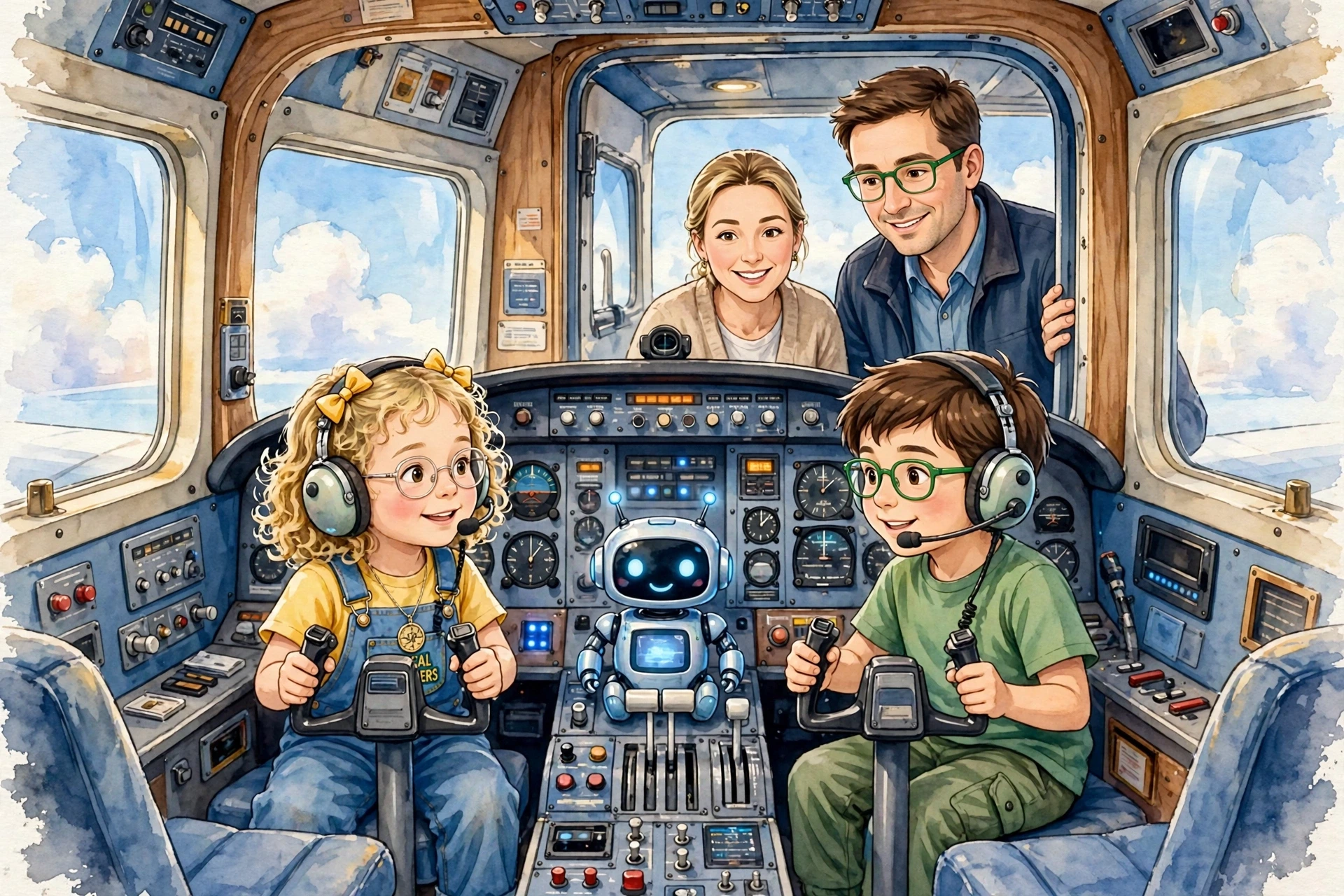 Grandpa's flight simulator — two seats with Lina and Omar each holding a wheel, Pip on the dashboard, and the wide screen showing sky and runway