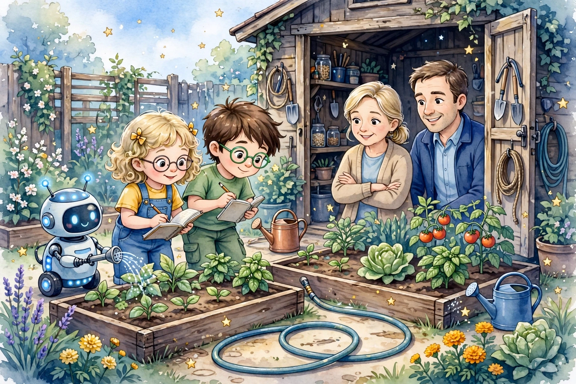 Grandpa's garden — tomato vines heavy on their stakes, pale marigolds, a bed of basil, and Pip the round watering bot by the tap while Lina kneels with her hand in the soil