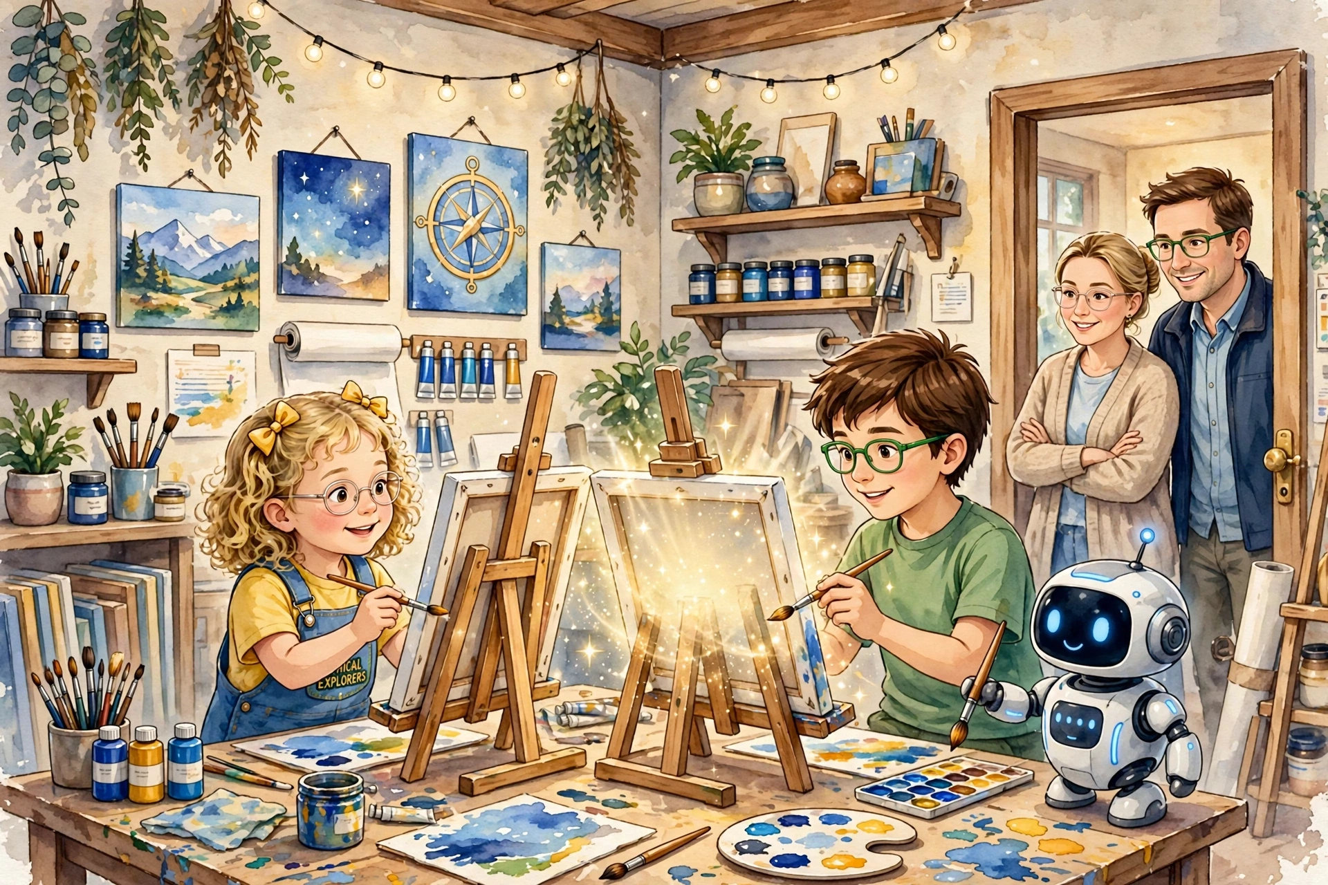 The school art room — Pip on the table with the wrong-bench robin on screen, Lina close to the tablet, and Omar at the far end with pencil and paper