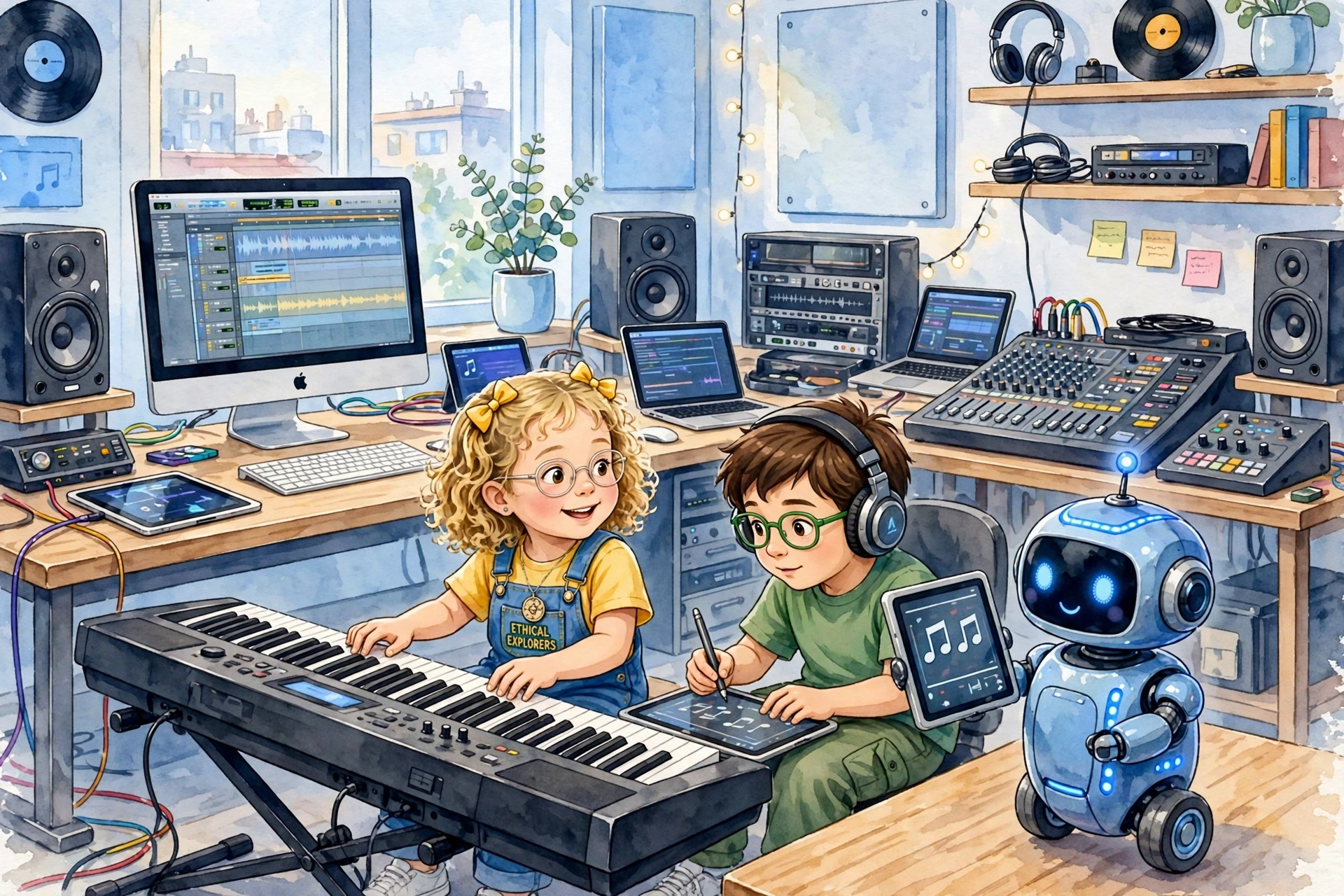 The school music room — the upright piano, wall of drums and tambourines, Pip on the music stand, and the tablet showing two waveforms, one blue and one orange