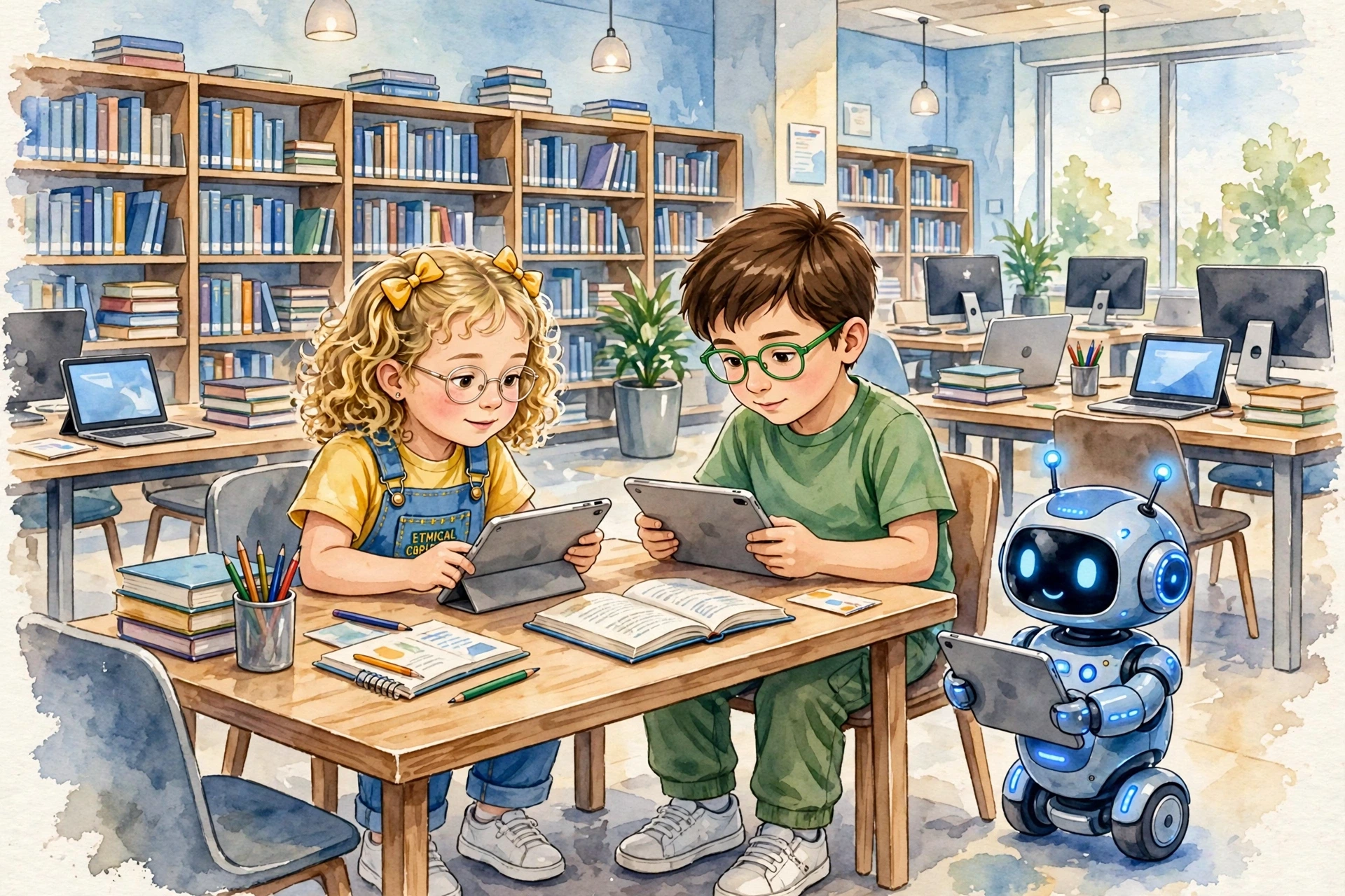 The school library — tall shelves, tablets and laptops on the low tables, Pip on the table by the window, and the bee book open to page eight on Omar's lap