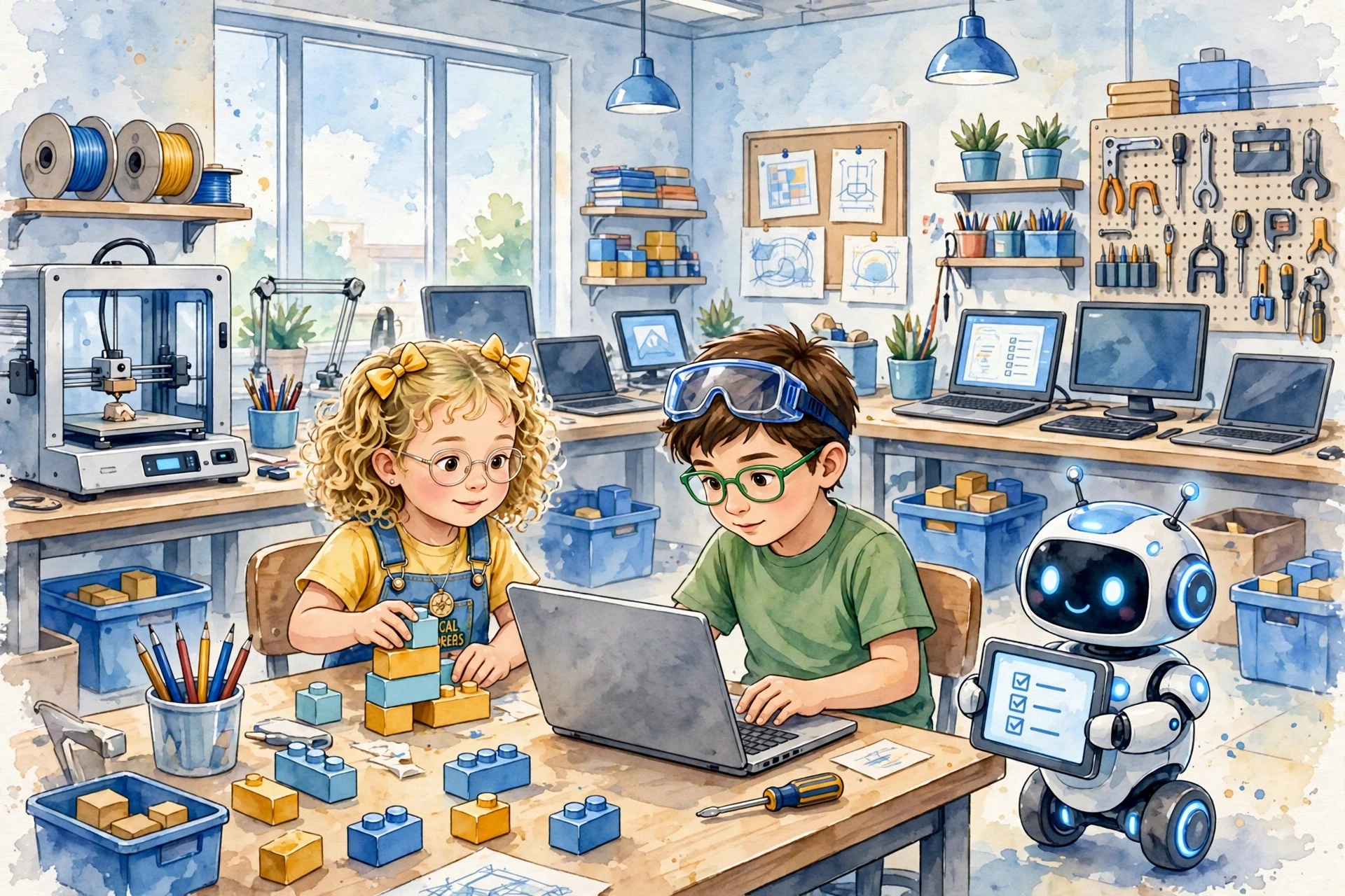 The school maker space — the 3D printer, the half-built blue tower leaning on the workbench, and Pip the round bot on the bench beside it
