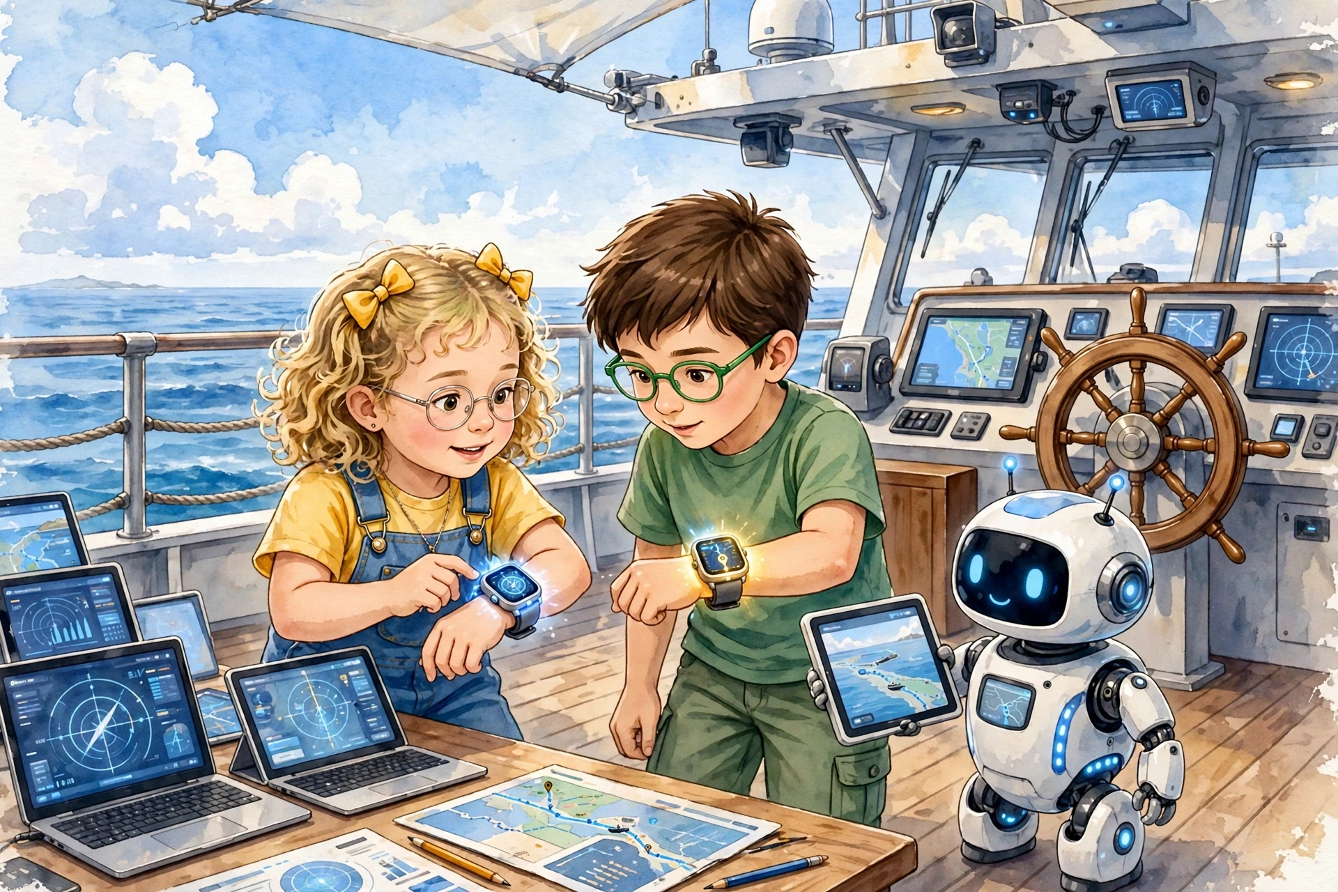 The blue-and-white ferry Lively Gull in dawn fog, Pip bolted near the wheelhouse with six Waypoint dots on its screen, and Mr. Hassan at the wheel