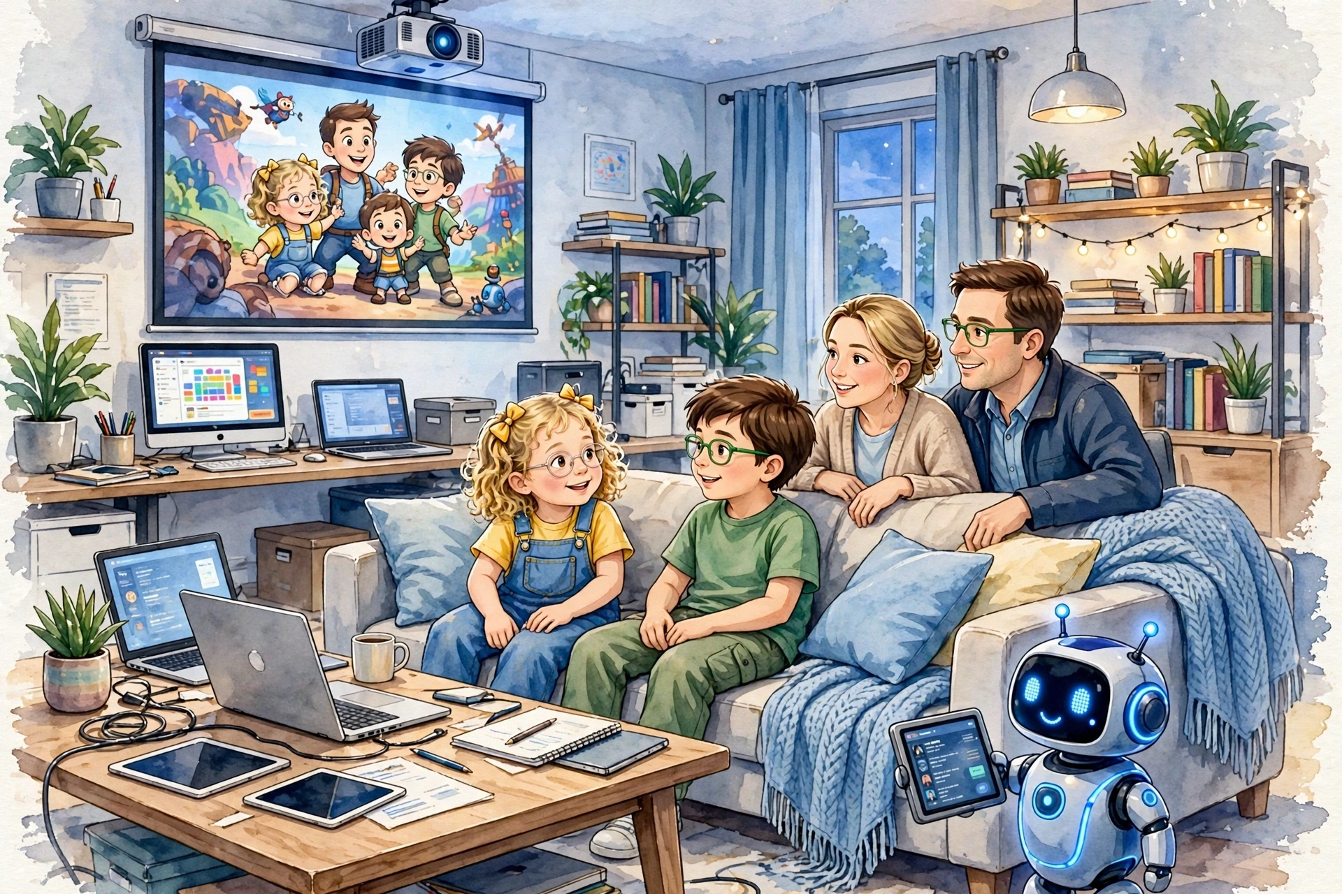 The family living room — the projector, the white wall, Pip on the coffee table, and the tablet showing coloured overlays bleeding across the family photo