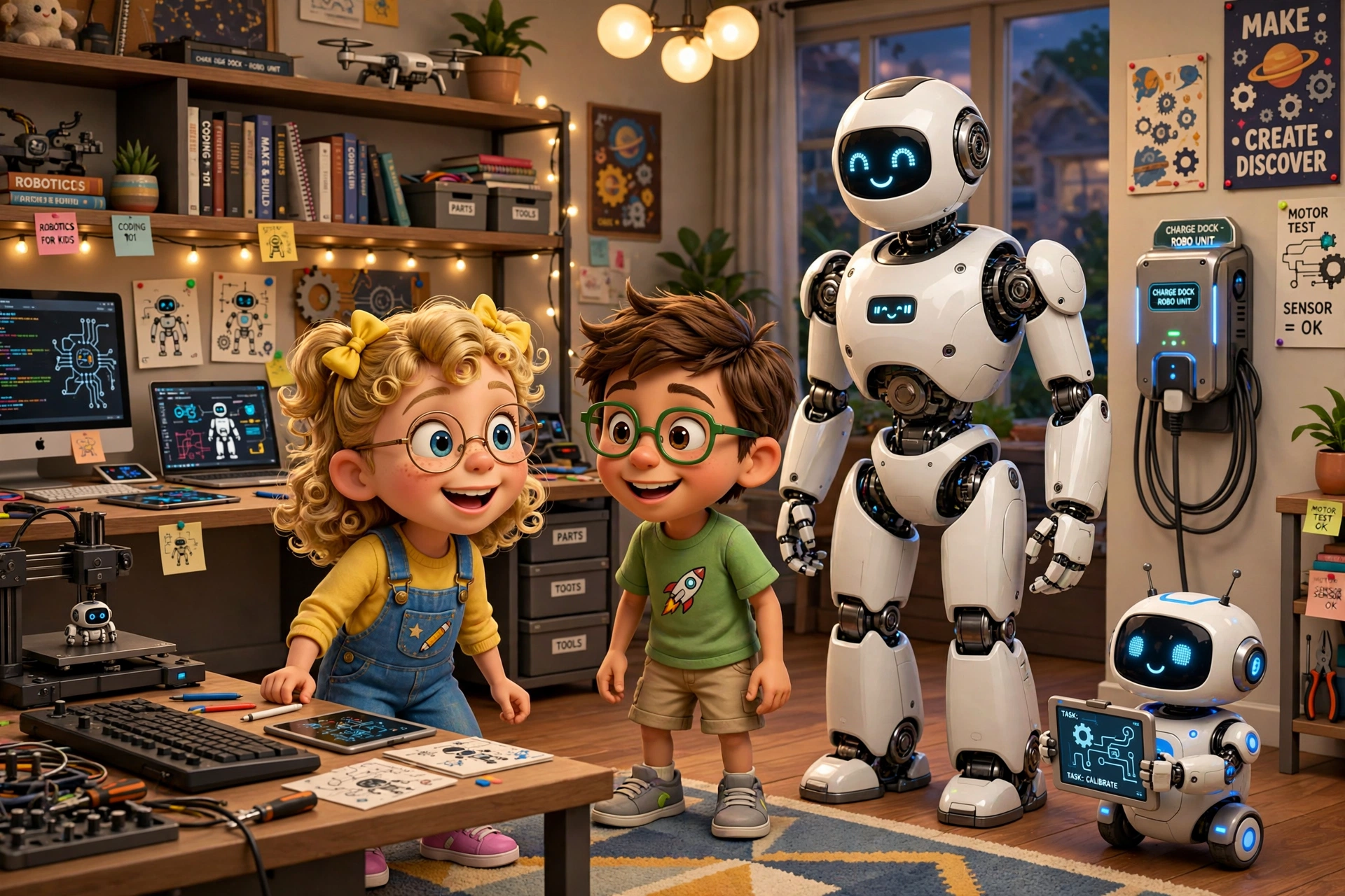The family living room on the morning the crate arrived — Pip the humanoid robot stands beside the open crate, Lina measures Pip's reach, Omar watches the feet, and Grandpa holds a dial.
