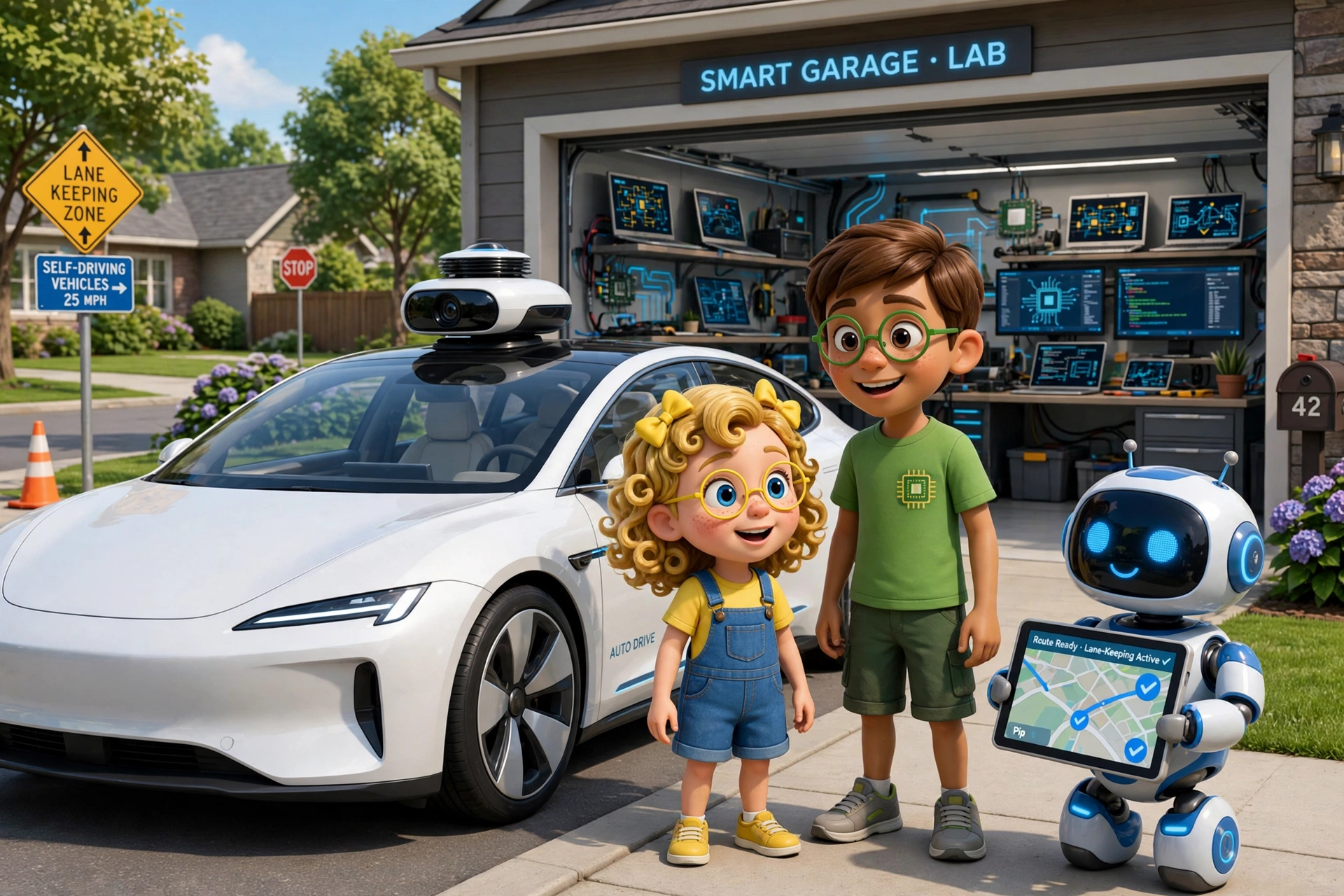 Inside a family car at the fork with the missing sign — Dad's hands hover above the wheel, the Lidar drum spins on the roof, and Pip faces the two roads.