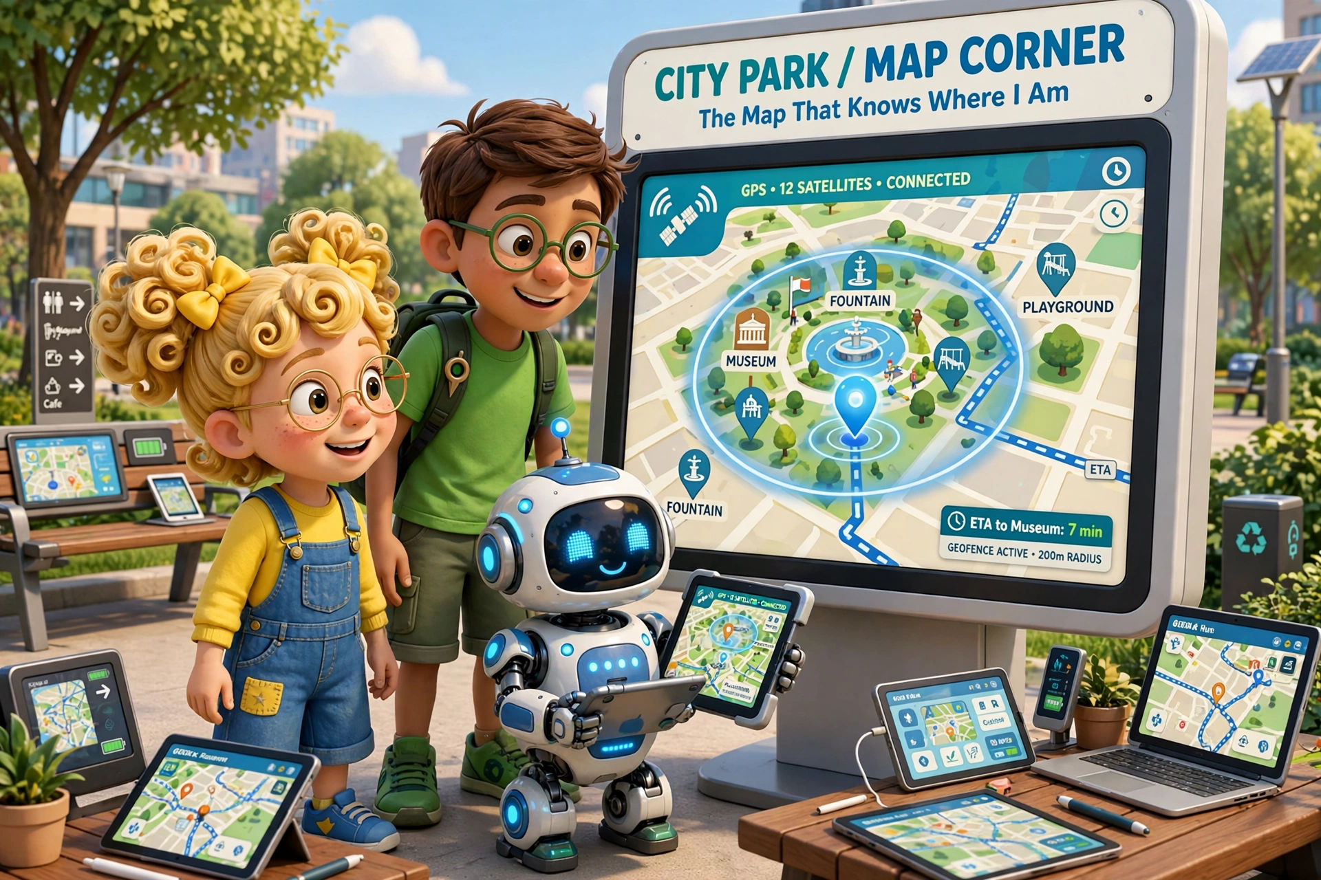 The city park map corner — the big glass screen shows the glowing map with the blue dot YOU sliding off the park, and the small grey Privacy Zone square around the bench.