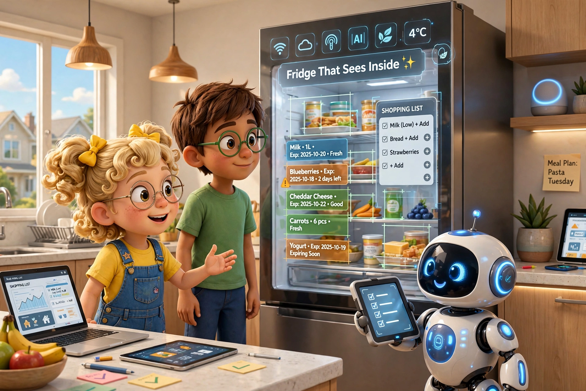 The home kitchen on a Sunday morning — the smart fridge door open, its screen glowing with a picture of every shelf, each item carrying a Freshness Score.