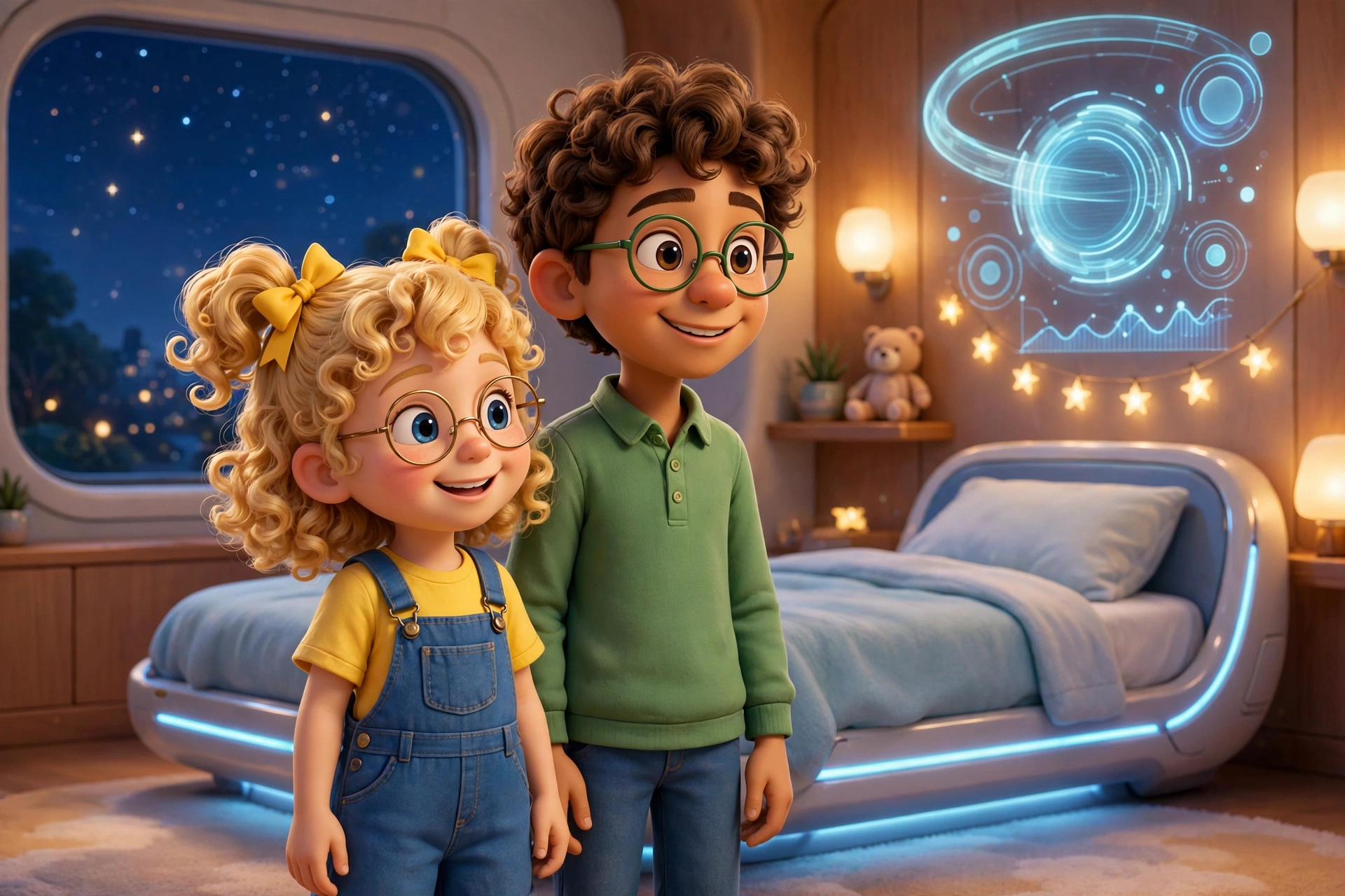 The bedroom on the first night the system learns — the small white disc glows on the ceiling, Lina sleeps, Omar rubs his eyes, and Grandpa holds a tablet showing a sleep chart.